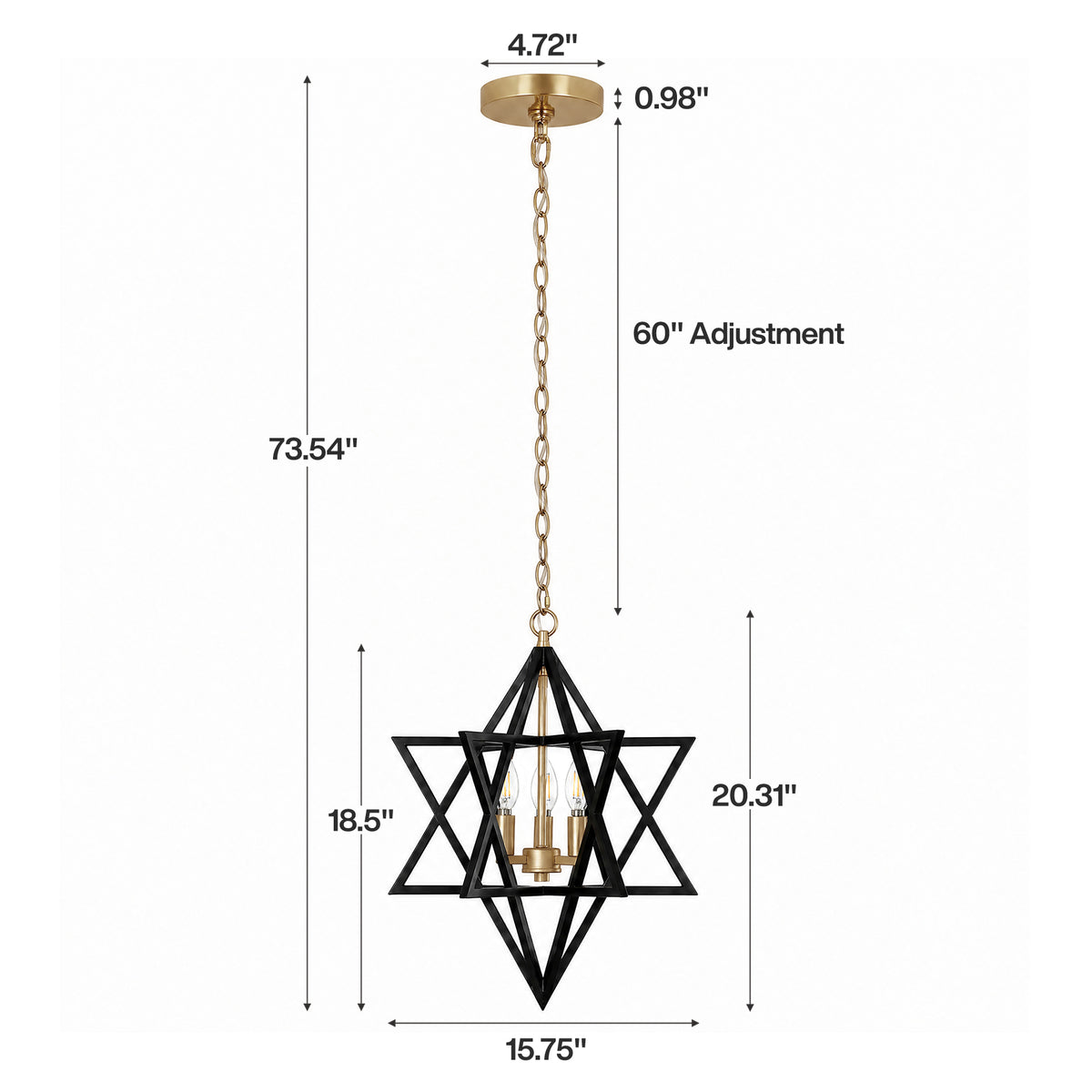 3-Light 15.75" Geometric Chandelier, Black and Gold Farmhouse Pendant Light