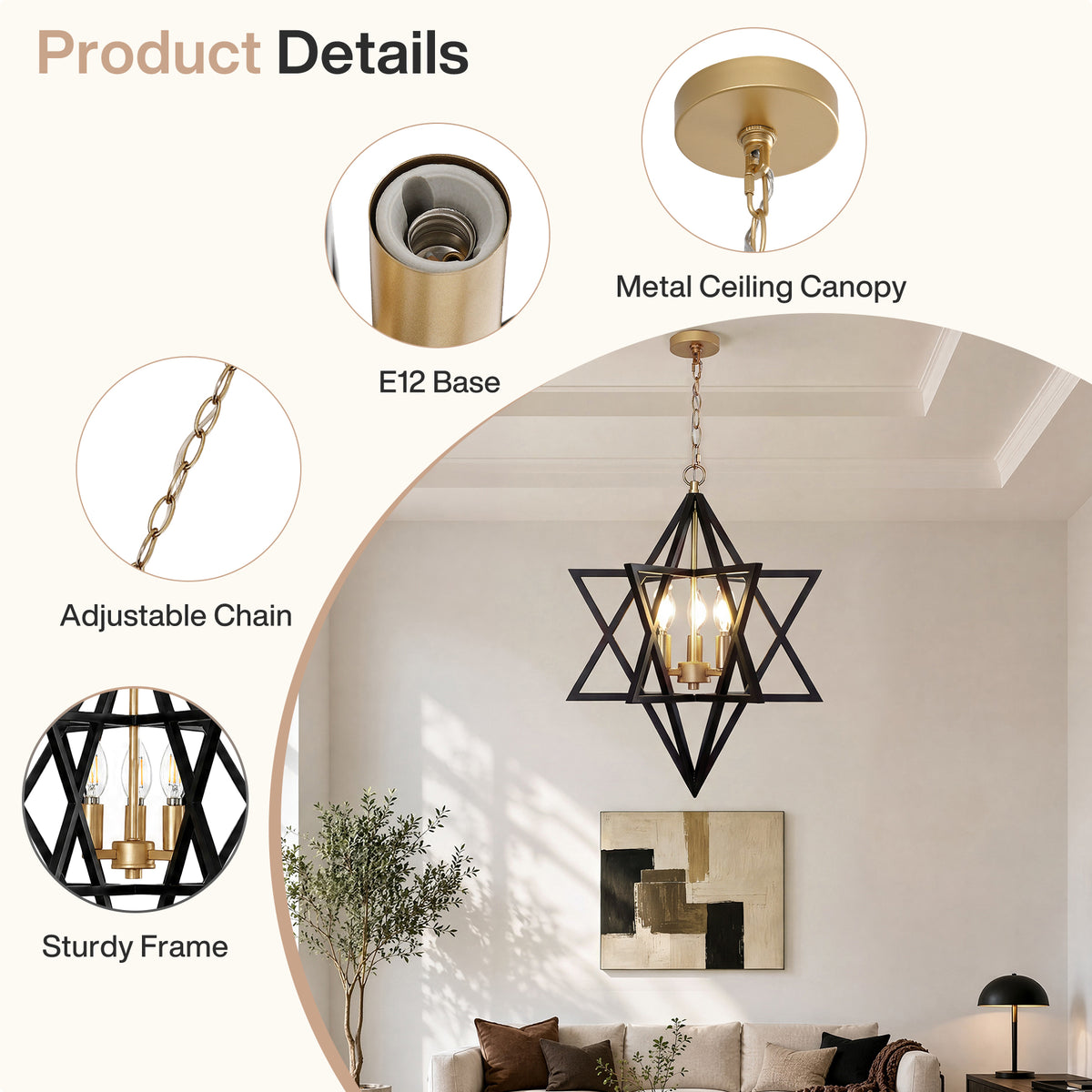 3-Light 15.75" Geometric Chandelier, Black and Gold Farmhouse Pendant Light