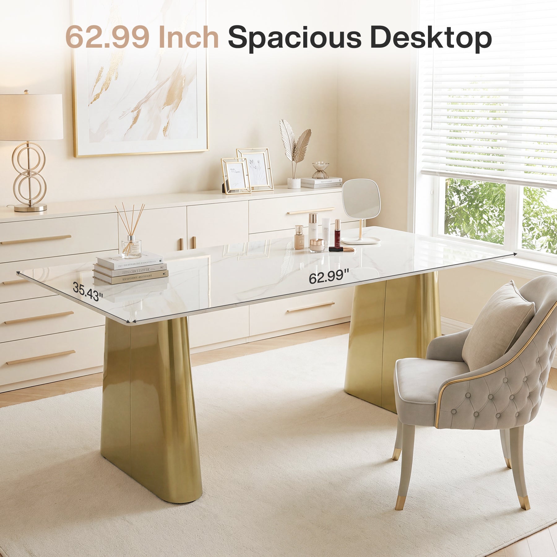 63" Executive Desk with Sintered Stone Top & Gold Brushed Stainless Metal Base