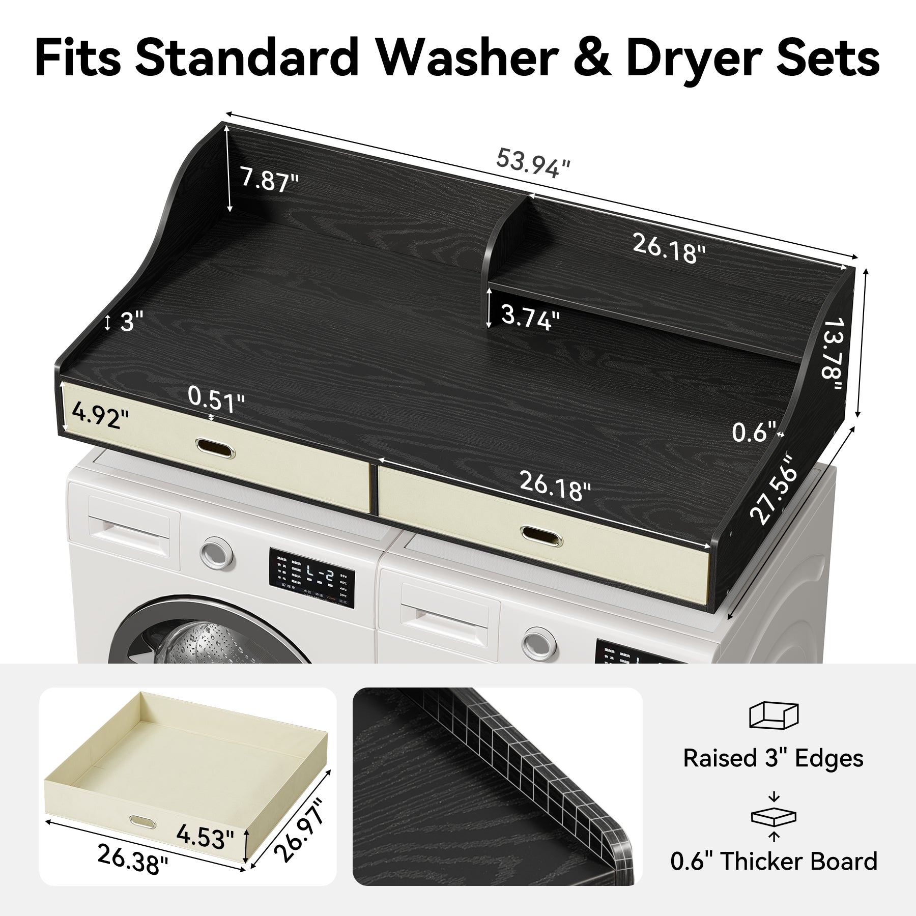 54" Washer Dryer Countertop with Drawers, 3-Tier Laundry Room Organizer, Waterproof Wood Topper