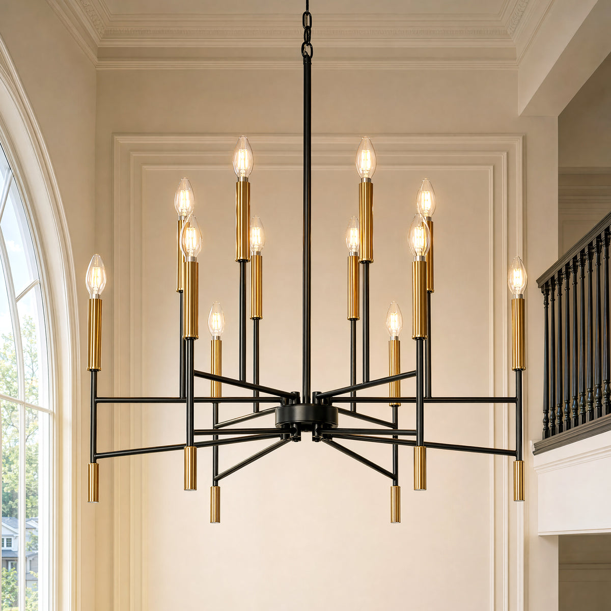 12-Light 32" Farmhouse Chandelier, Black and Gold Candle Ceiling Light