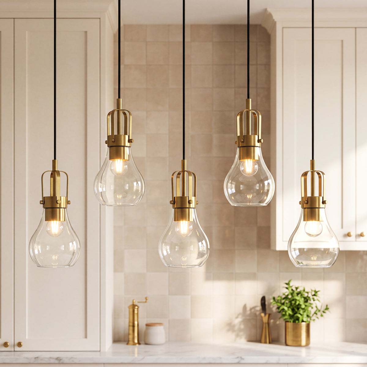 Modern Gold Pendant Light, Industrial Metal Cage Hanging Light with Clear Glass Shade