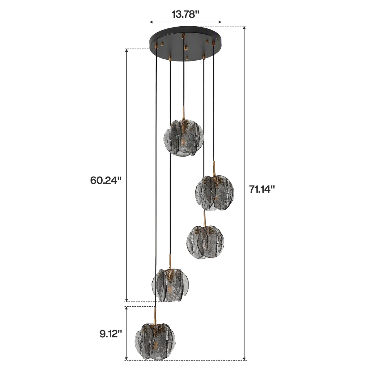 5-Light Modern Pendant Light with Textured Smoky Gray Glass Shades