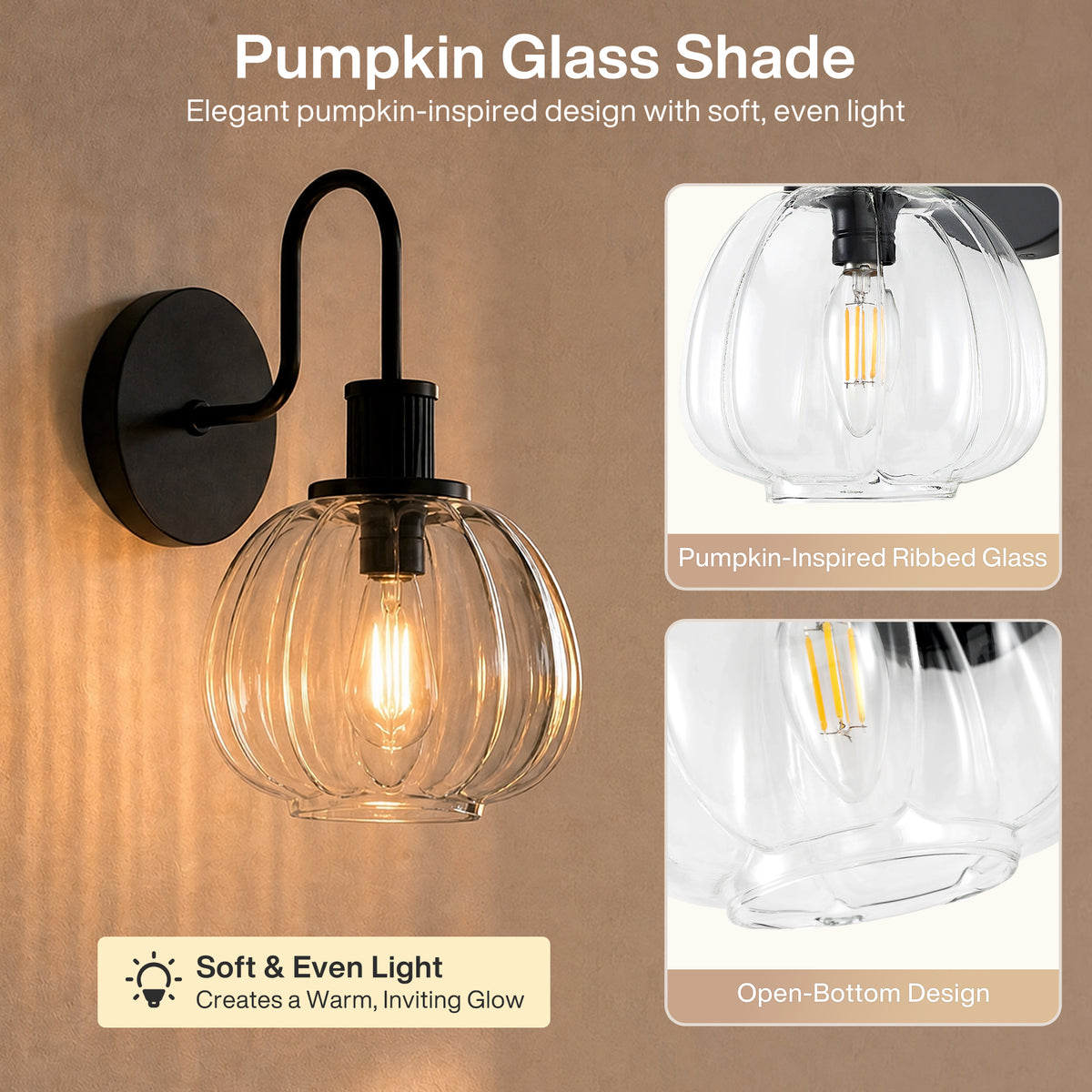 2 Pack 11" Modern Wall Sconces, Pumpkin Ribbed Glass Vanity Lights