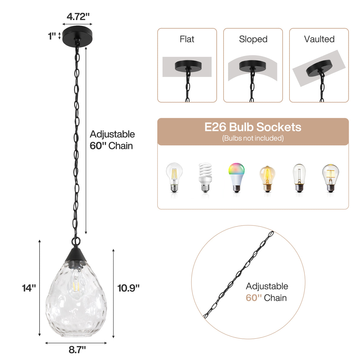 Hammered Glass Pendant Light, Modern Black Hanging Light with 60" Chain