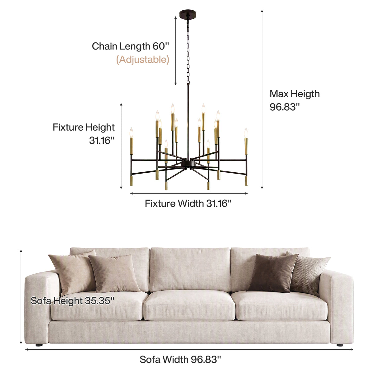 12-Light 32" Farmhouse Chandelier, Black and Gold Candle Ceiling Light