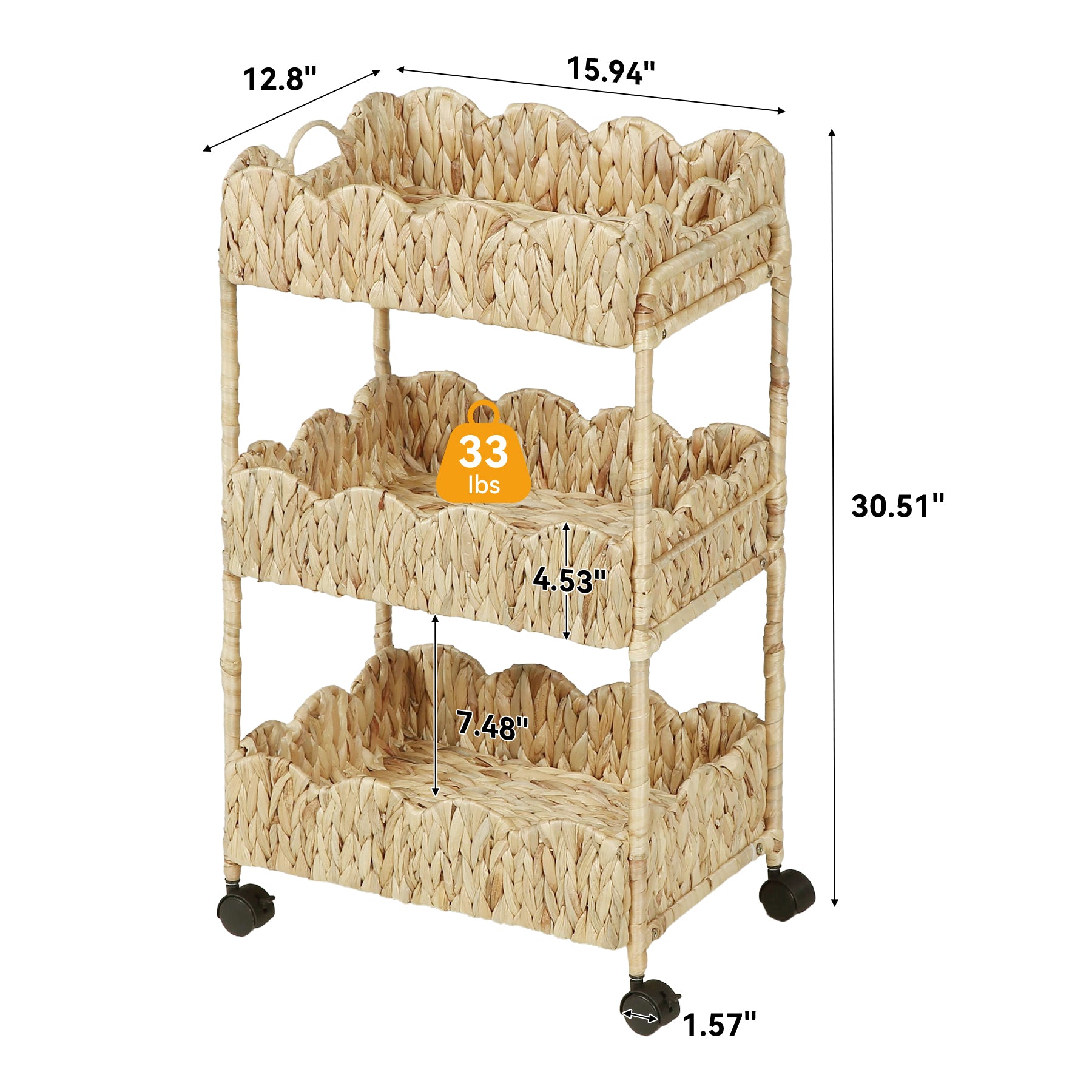 3-Tier Water Hyacinth Rolling Cart with Wheels, Metal Frame Utility Cart, Bathroom Kitchen Nursery