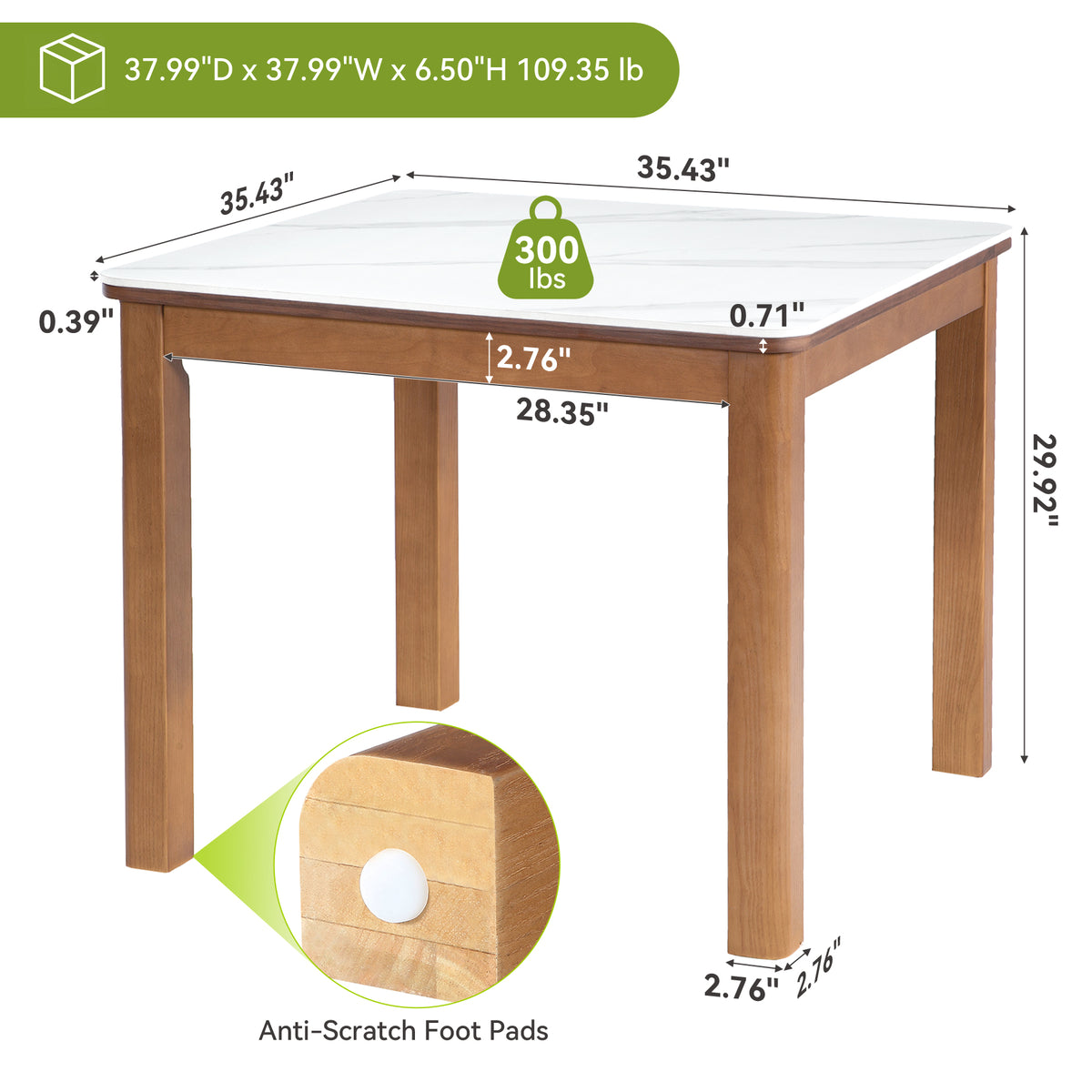 35.4" Square Sintered Stone Dining Table with Rubberwood Legs for 2-4 People