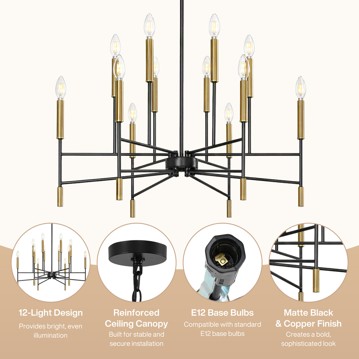 12-Light 32" Farmhouse Chandelier, Black and Gold Candle Ceiling Light