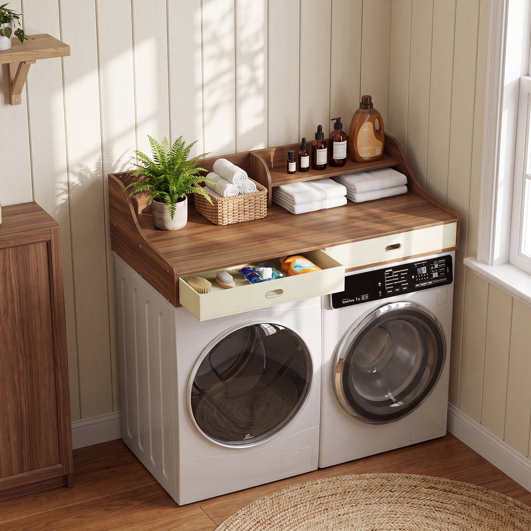 54" Washer Dryer Countertop with Drawers, 3-Tier Laundry Room Organizer, Waterproof Wood Topper