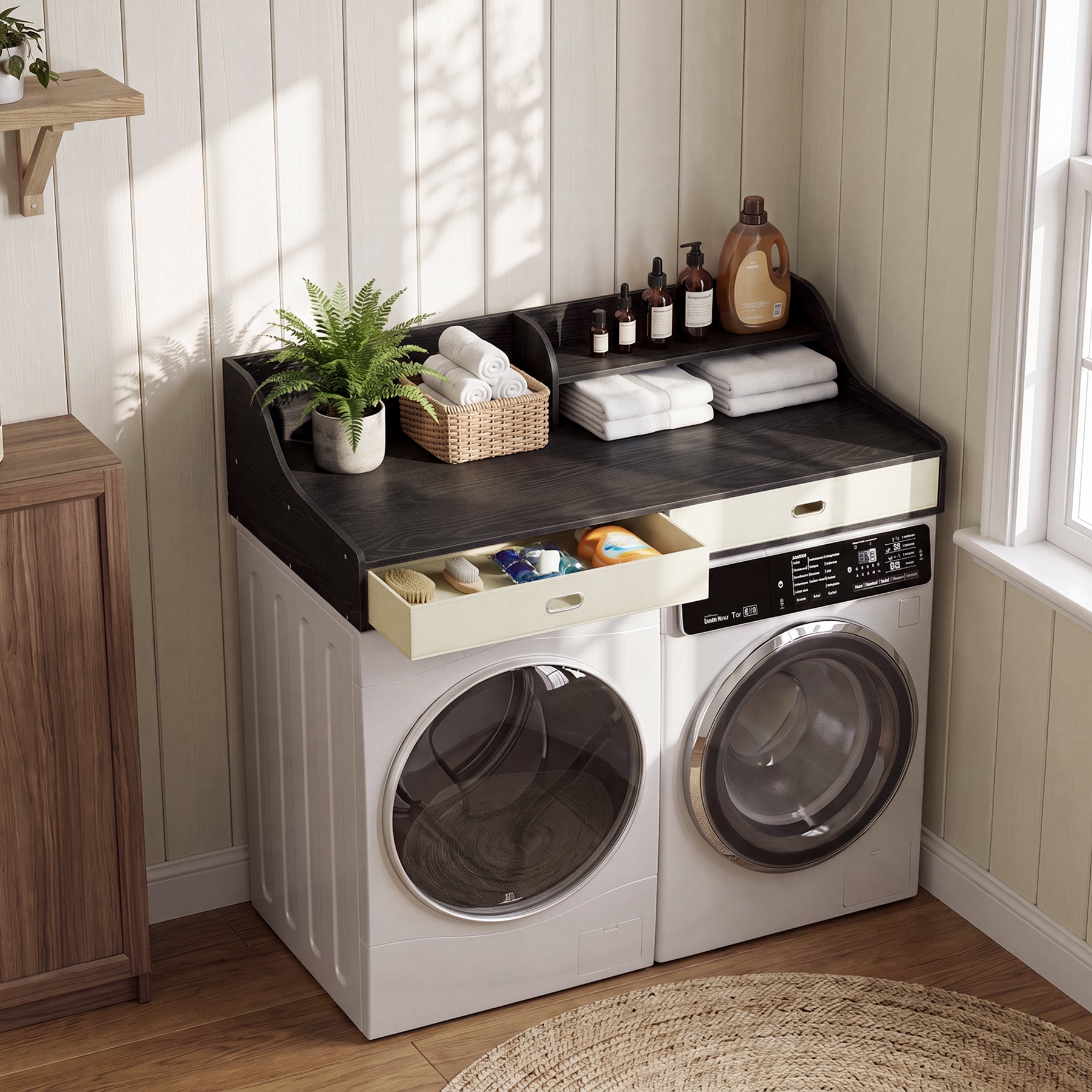 54" Washer Dryer Countertop with Drawers, 3-Tier Laundry Room Organizer, Waterproof Wood Topper