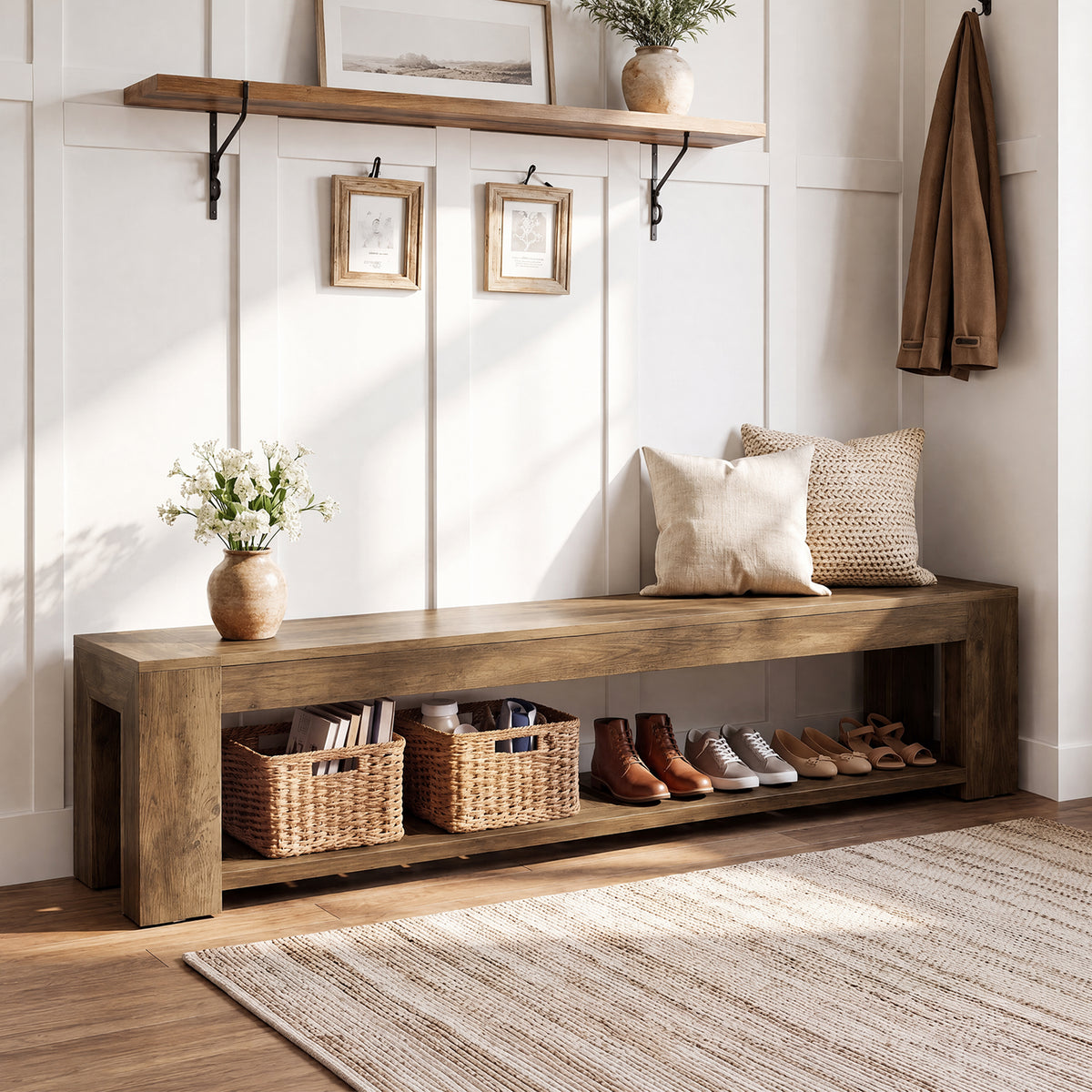 70.87" Entryway Bench, 2-Tier Storage Shoe Bench with Lower Open Shelf for 3-4 People