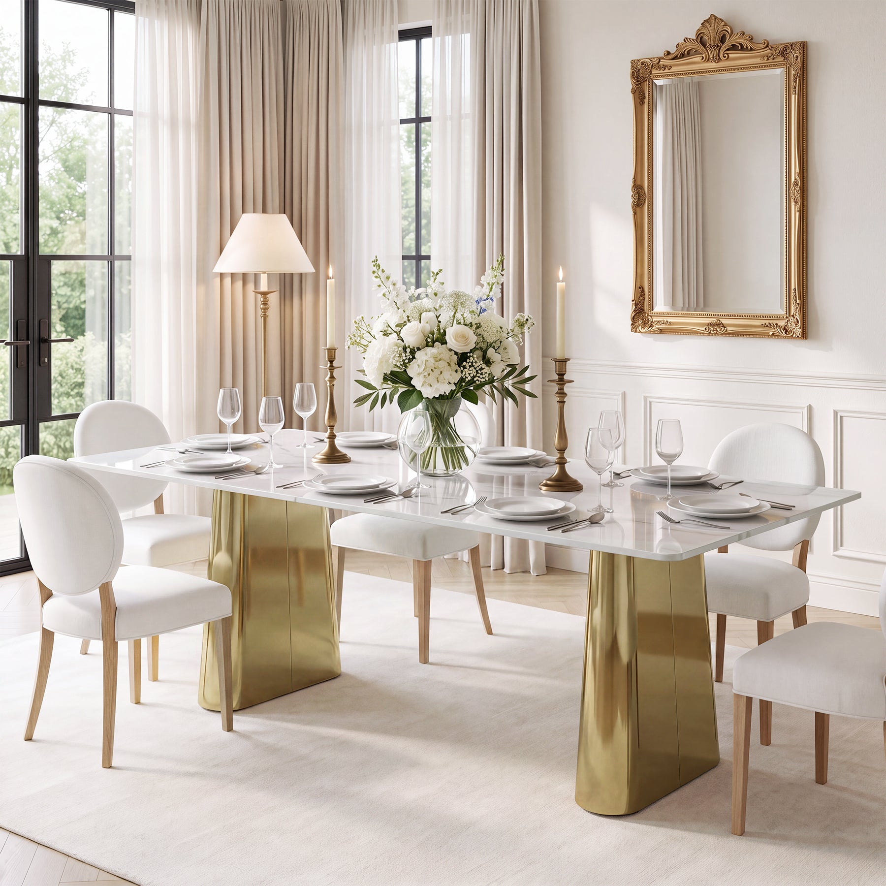 63" Sintered Stone Dining Table, Modern Luxury Kitchen Table with Gold Brushed Stainless Metal Base
