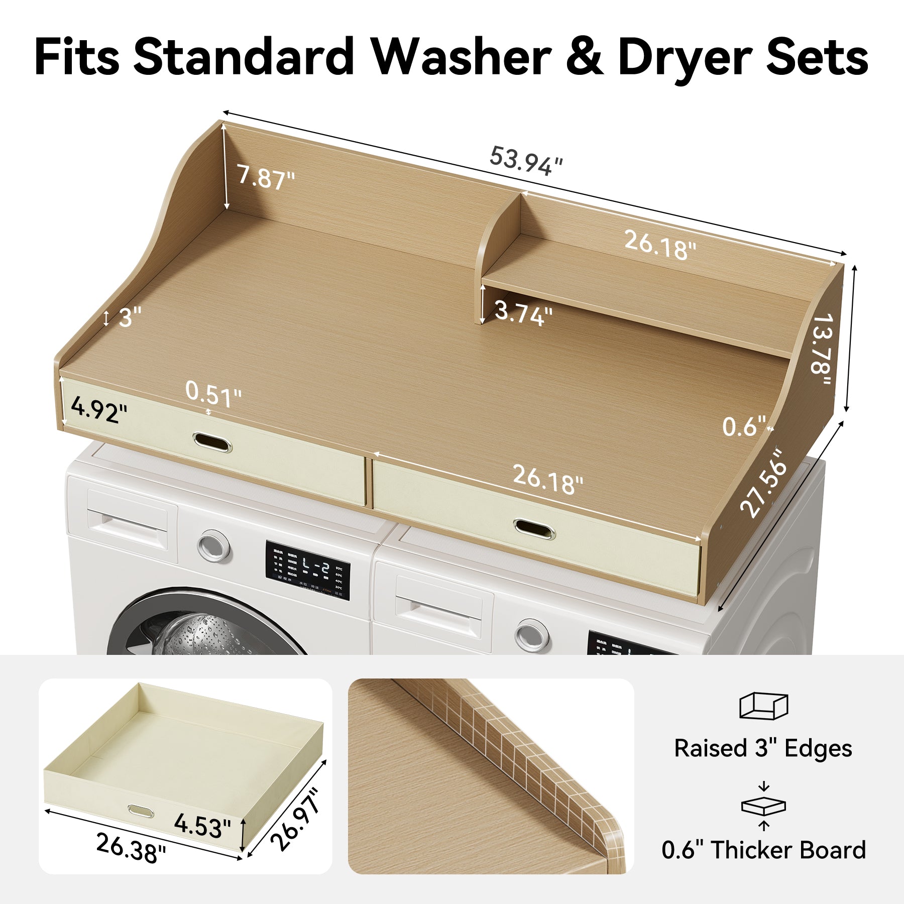 54" Washer Dryer Countertop with Drawers, 3-Tier Laundry Room Organizer, Waterproof Wood Topper