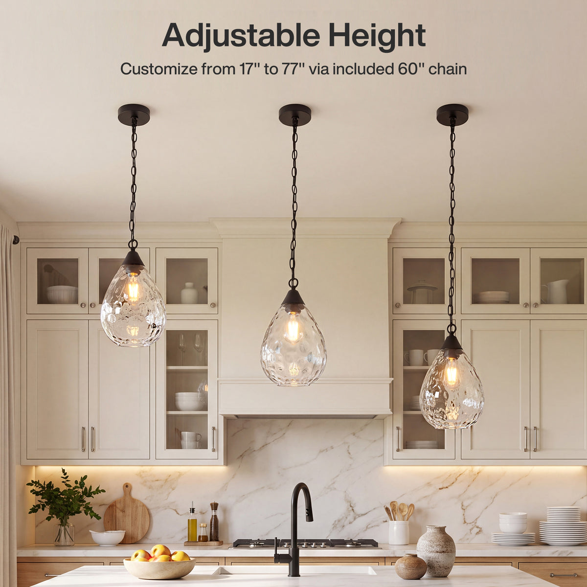 Hammered Glass Pendant Light, Modern Black Hanging Light with 60" Chain