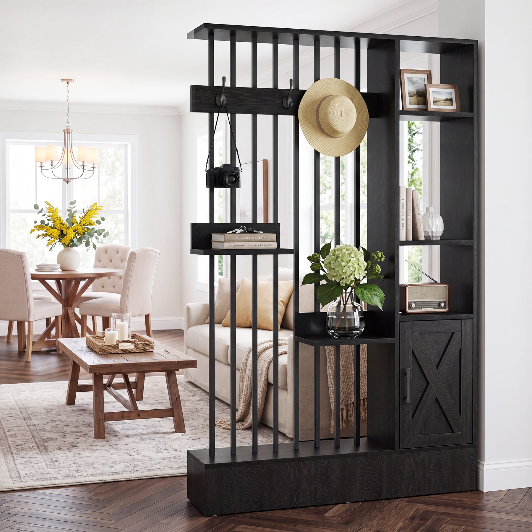 71" Wall Room Divider with Shelves, Freestanding Wall Partition with Storage Cabinet & Coat Hooks
