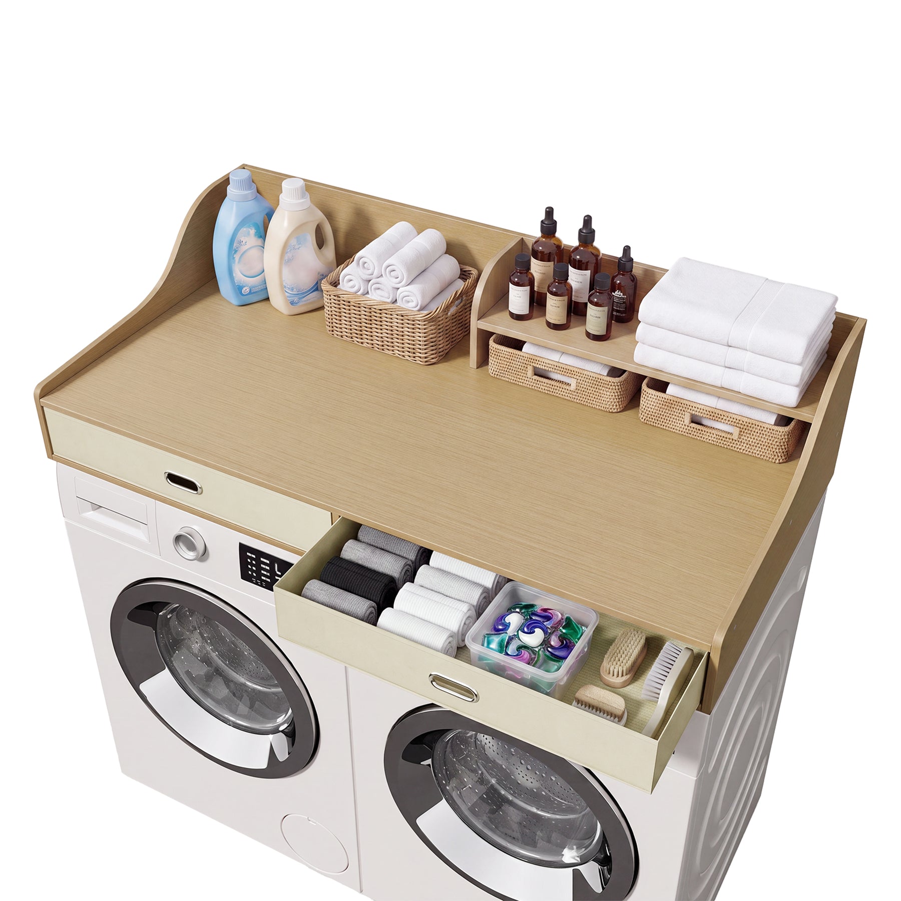 54" Washer Dryer Countertop with Drawers, 3-Tier Laundry Room Organizer, Waterproof Wood Topper
