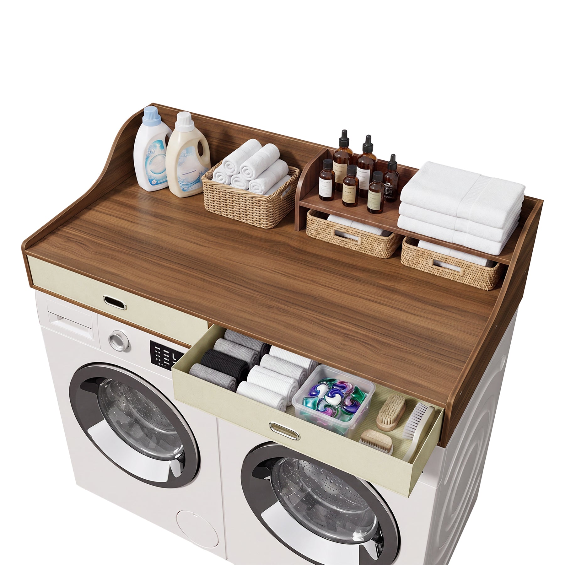 54" Washer Dryer Countertop with Drawers, 3-Tier Laundry Room Organizer, Waterproof Wood Topper