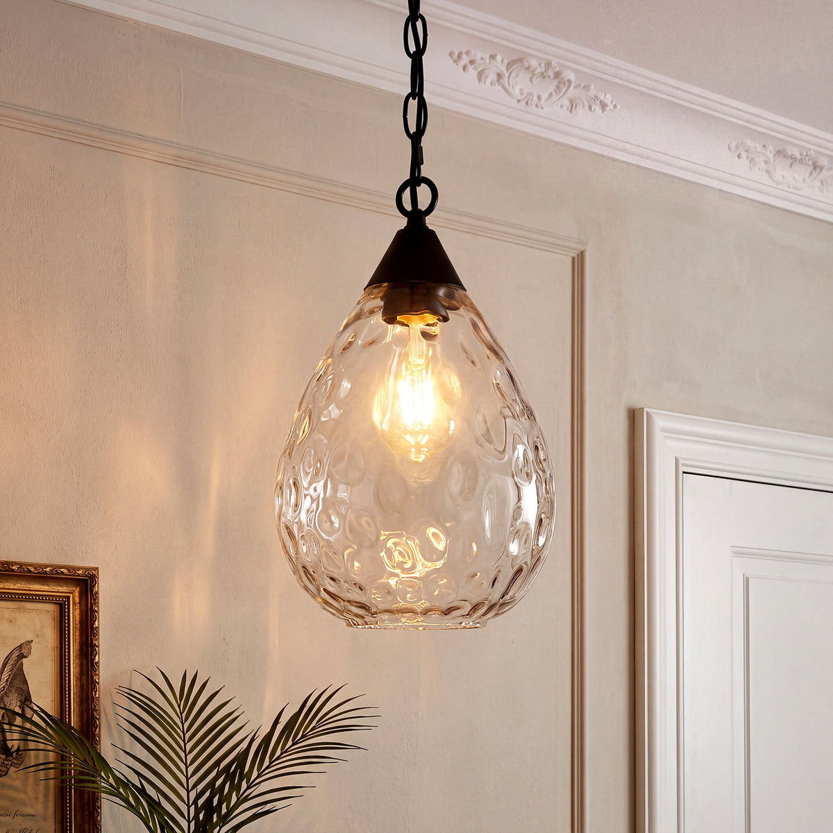 Hammered Glass Pendant Light, Modern Black Hanging Light with 60" Chain