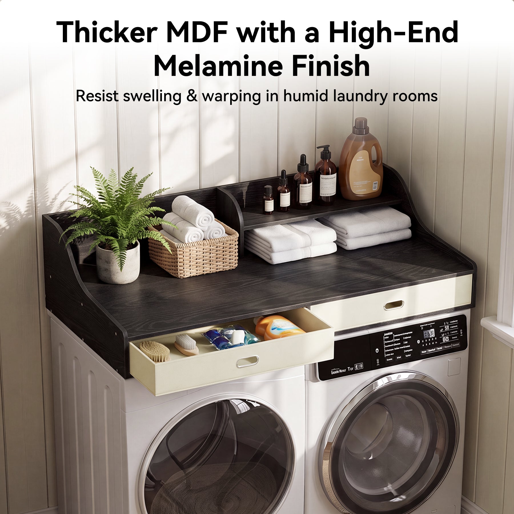 54" Washer Dryer Countertop with Drawers, 3-Tier Laundry Room Organizer, Waterproof Wood Topper