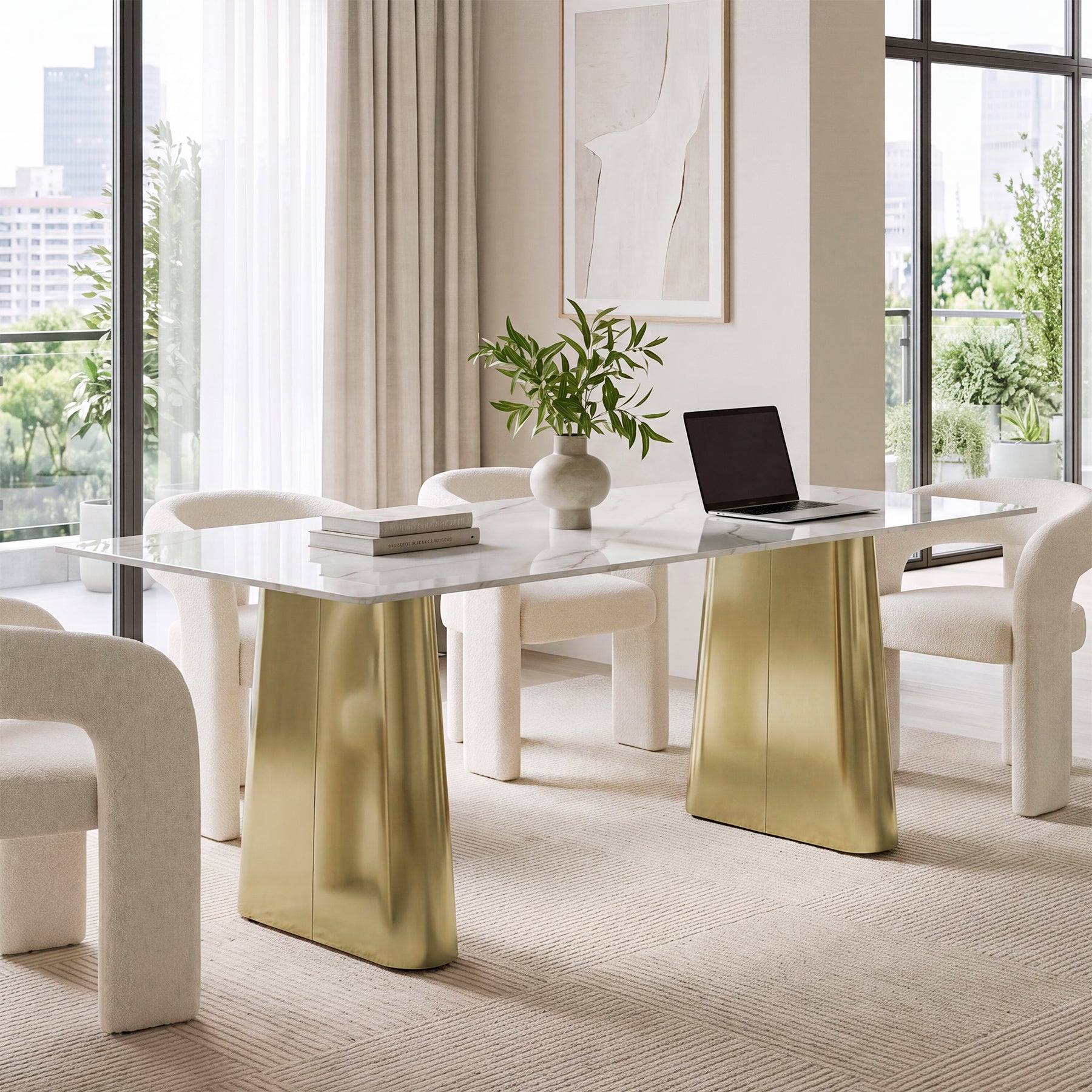 63" Executive Desk with Sintered Stone Top & Gold Brushed Stainless Metal Base
