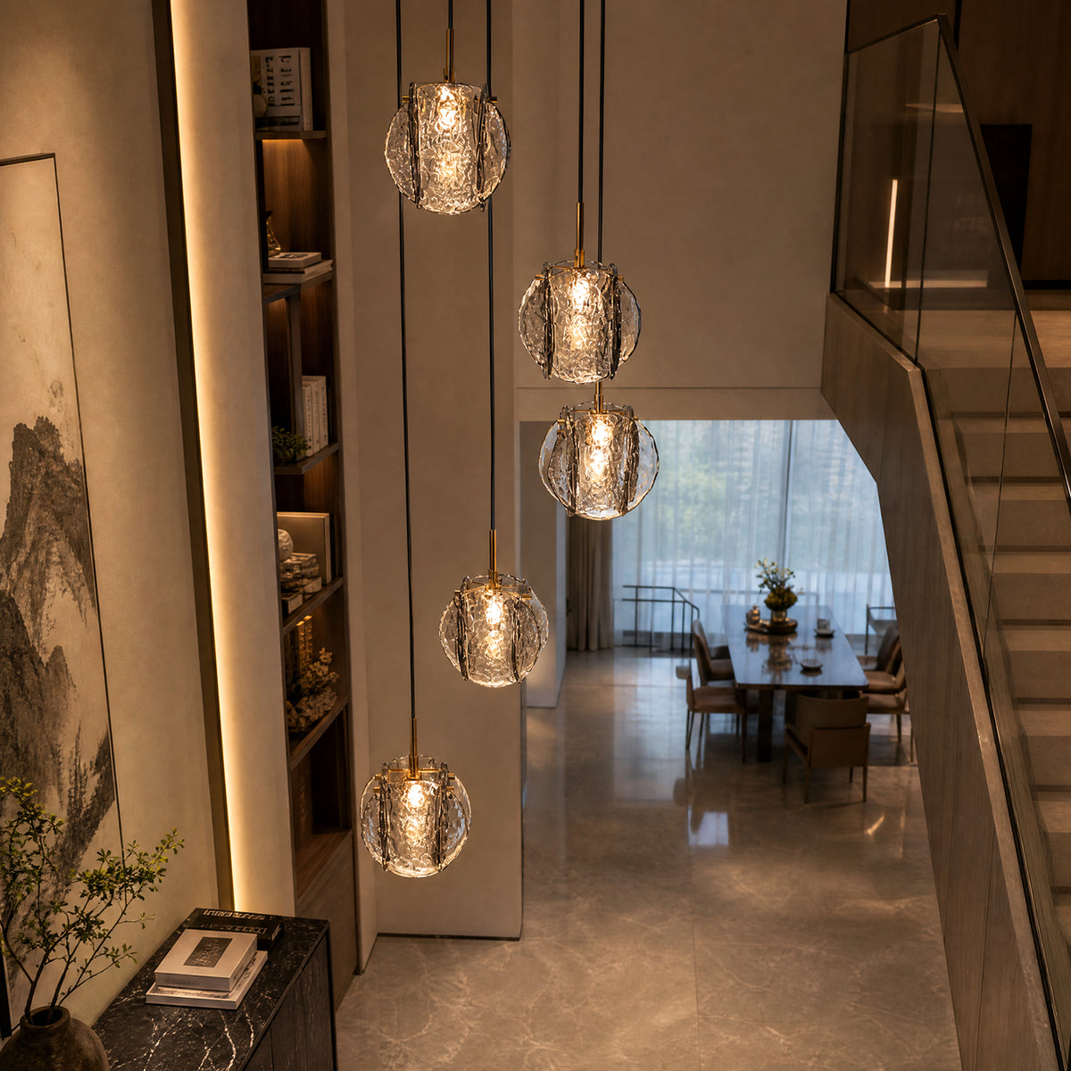 5-Light Modern Pendant Light with Textured Smoky Gray Glass Shades