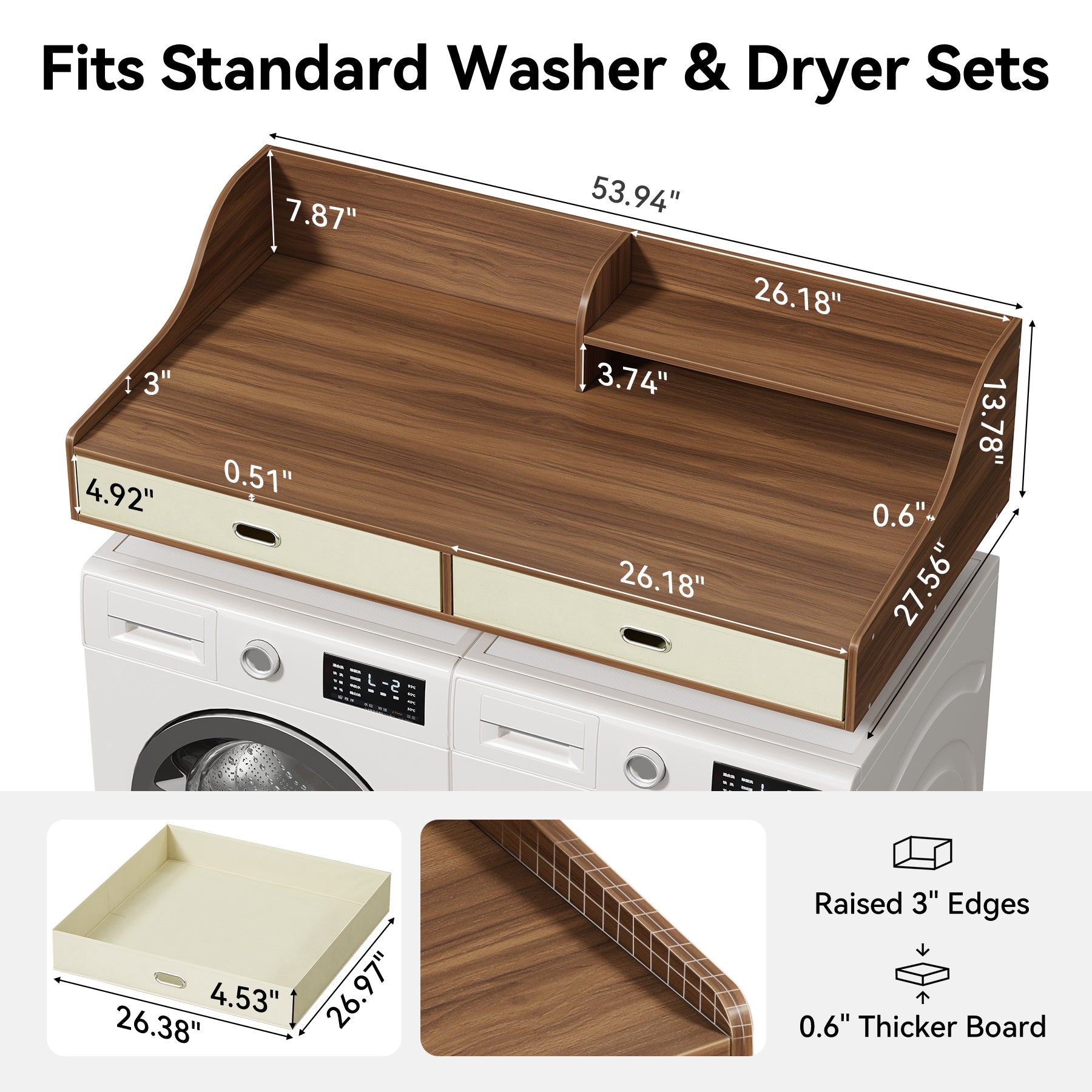 54" Washer Dryer Countertop with Drawers, 3-Tier Laundry Room Organizer, Waterproof Wood Topper