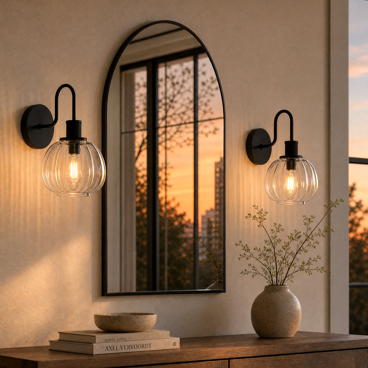 2 Pack 11" Modern Wall Sconces, Pumpkin Ribbed Glass Vanity Lights