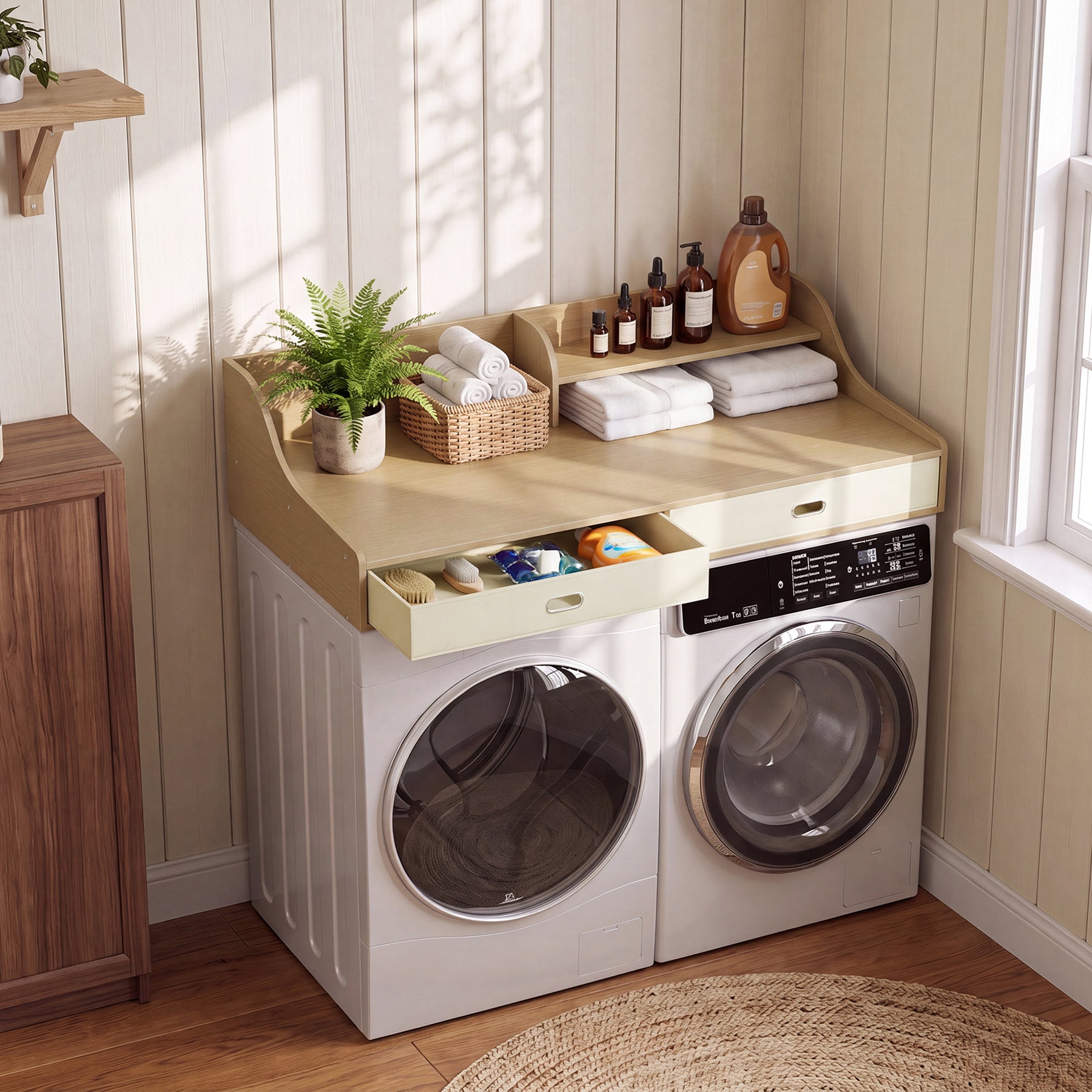 54" Washer Dryer Countertop with Drawers, 3-Tier Laundry Room Organizer, Waterproof Wood Topper