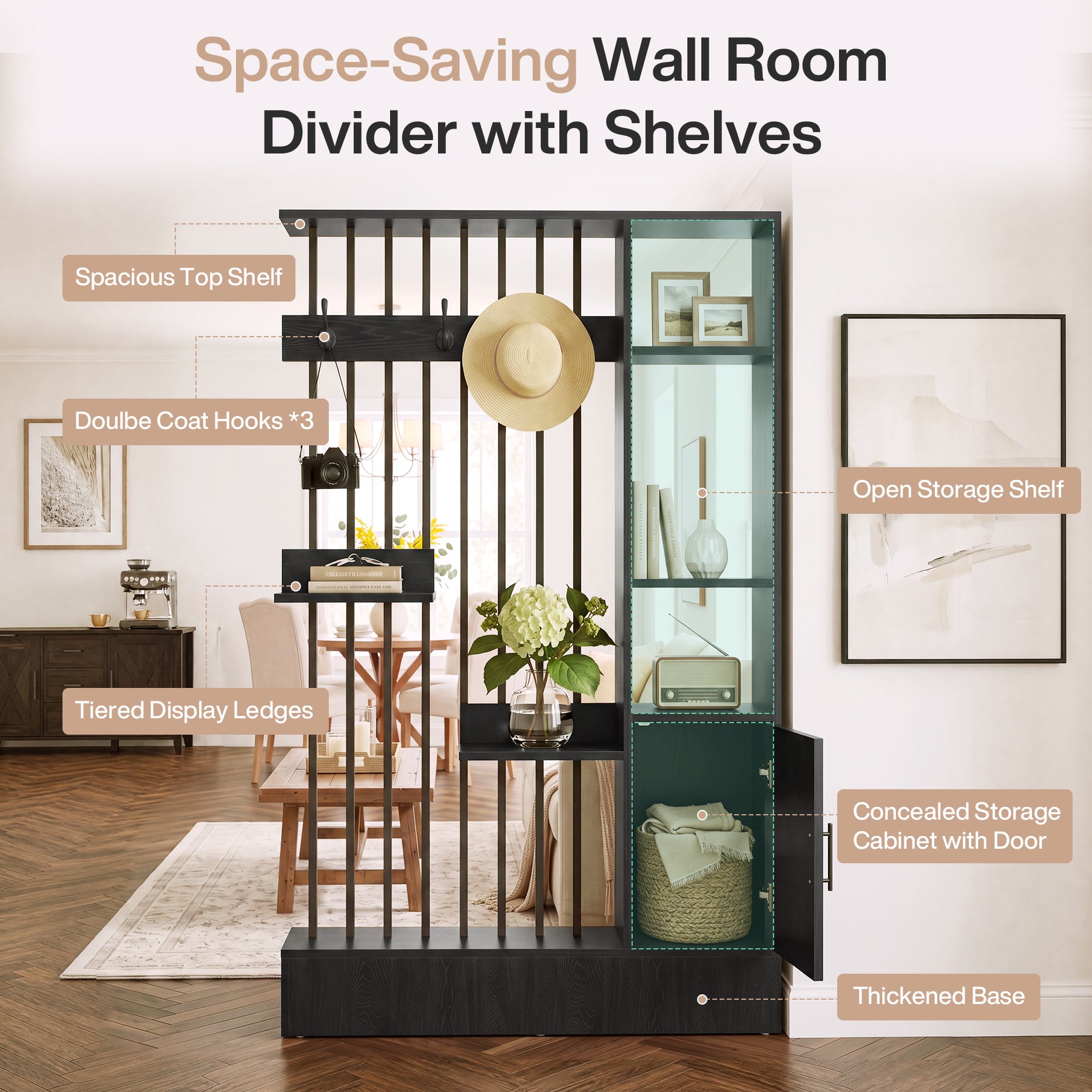 71" Wall Room Divider with Shelves, Freestanding Wall Partition with Storage Cabinet & Coat Hooks