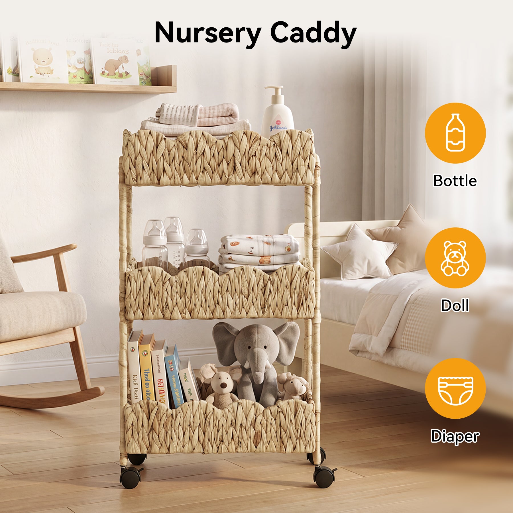 3-Tier Water Hyacinth Rolling Cart with Wheels, Metal Frame Utility Cart, Bathroom Kitchen Nursery