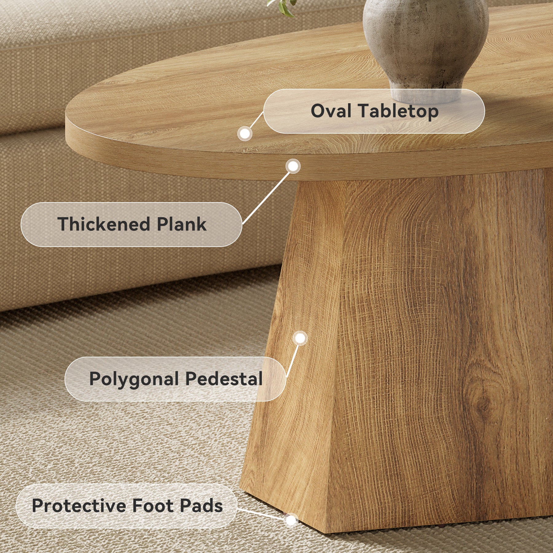 Oval Coffee Table, 47" Center Accent Table with Polygonal Pedestal for Living Room