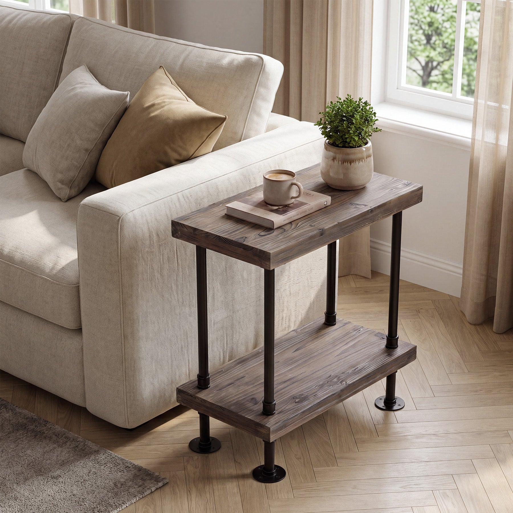2-Tier Solid Wood End Table, Rectangle Side Table with Open Shelves & Metal Frame