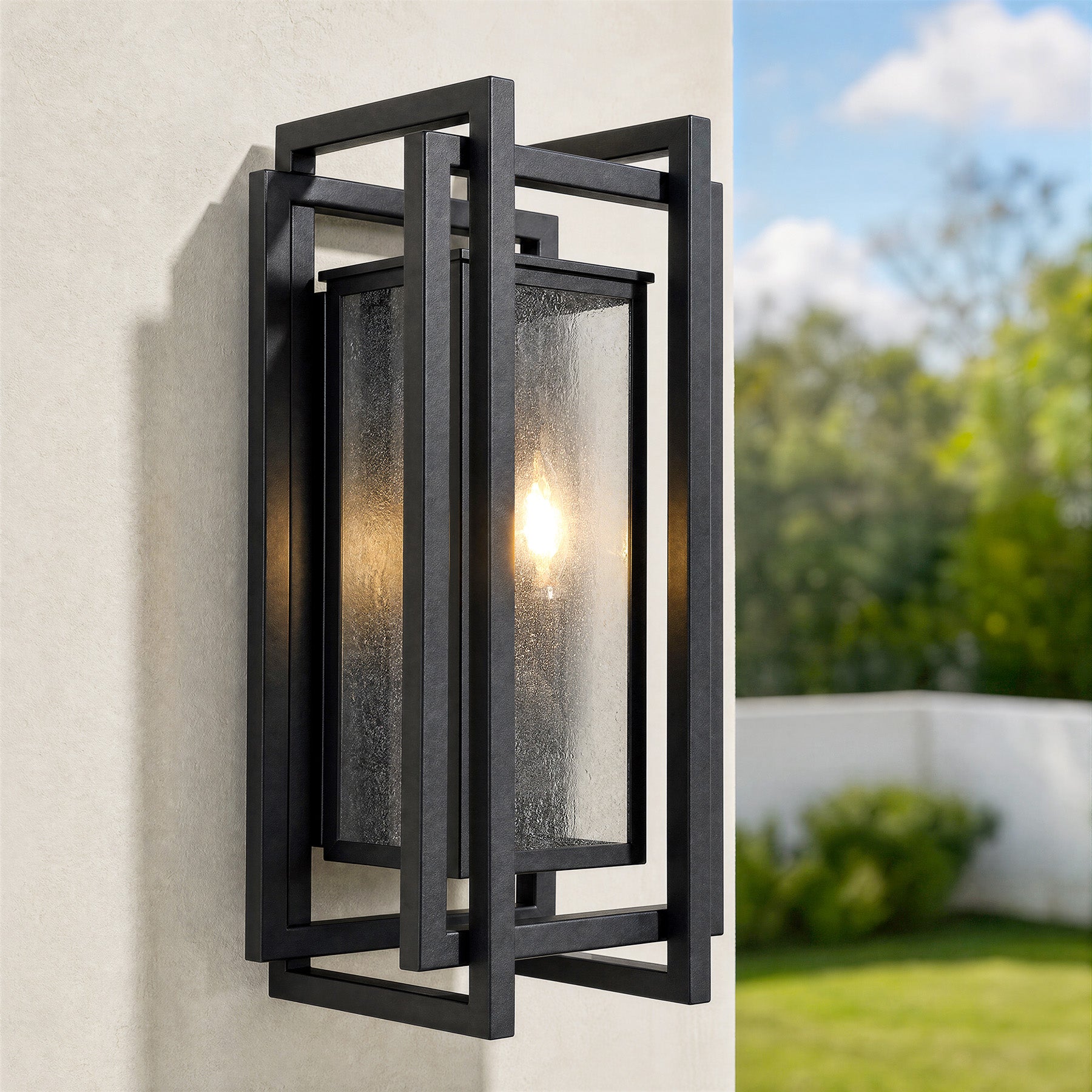 2-Light Outdoor Wall Sconce, 18.7" Exterior Wall Lighting Fixtures with Seeded Glass Shade
