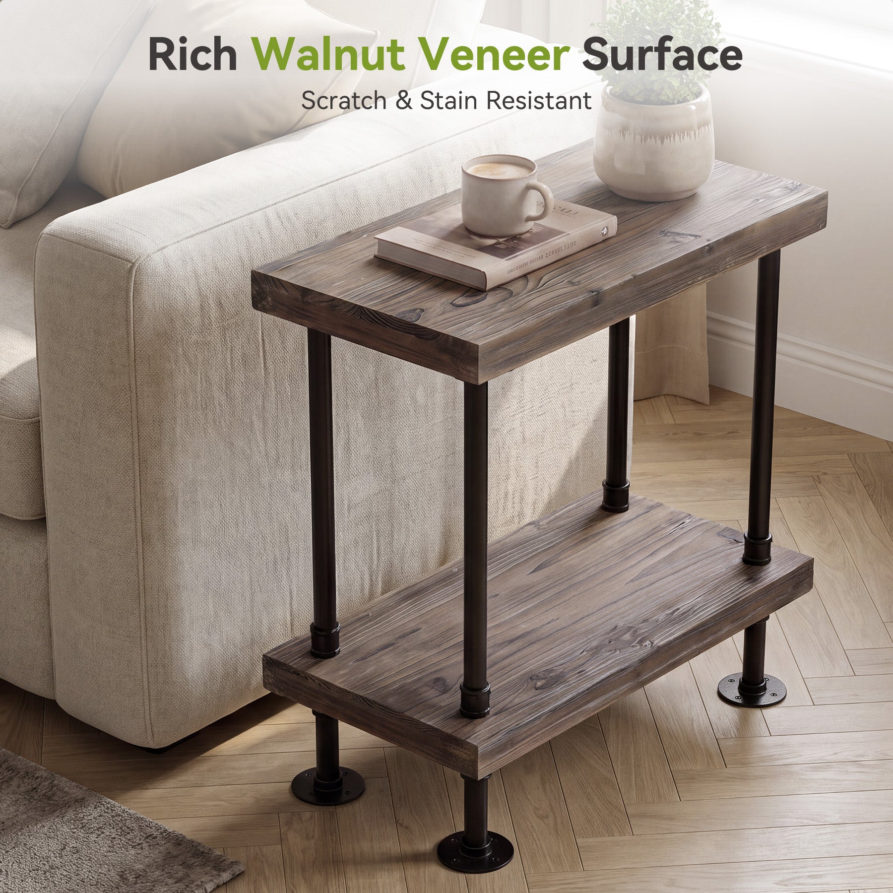 2-Tier Solid Wood End Table, Rectangle Side Table with Open Shelves & Metal Frame
