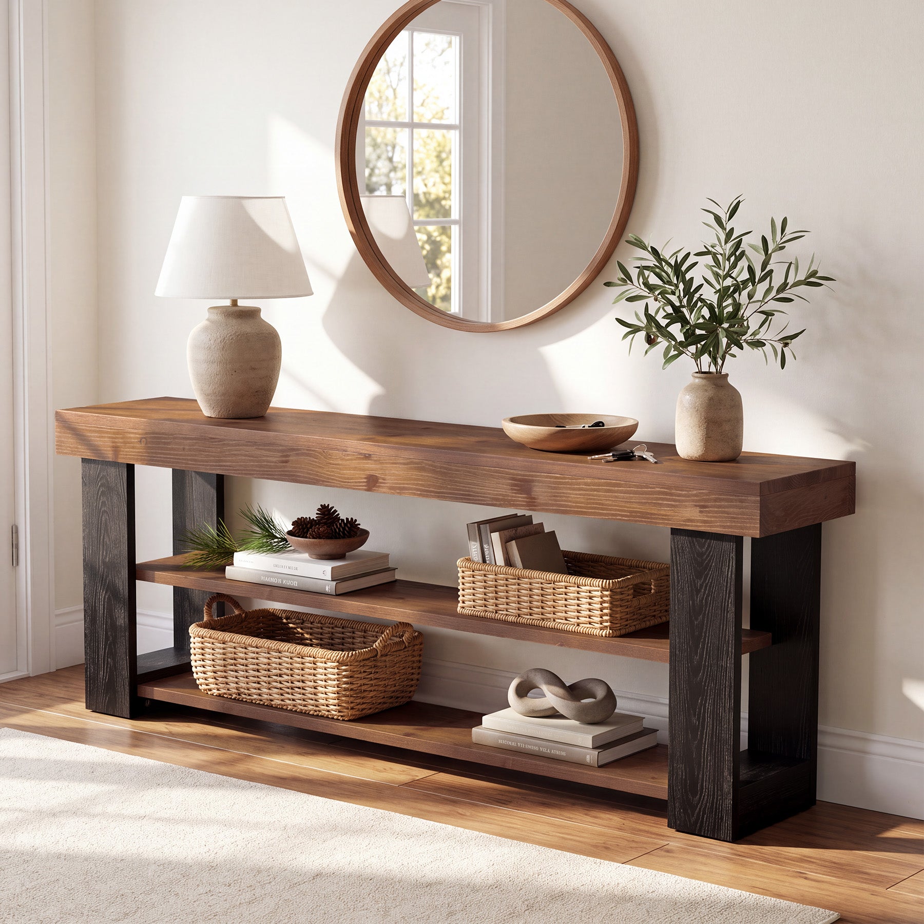 63" Console Table with 3-Tier Storage Shelves, Solid Wood Slim Entryway Sofa Table