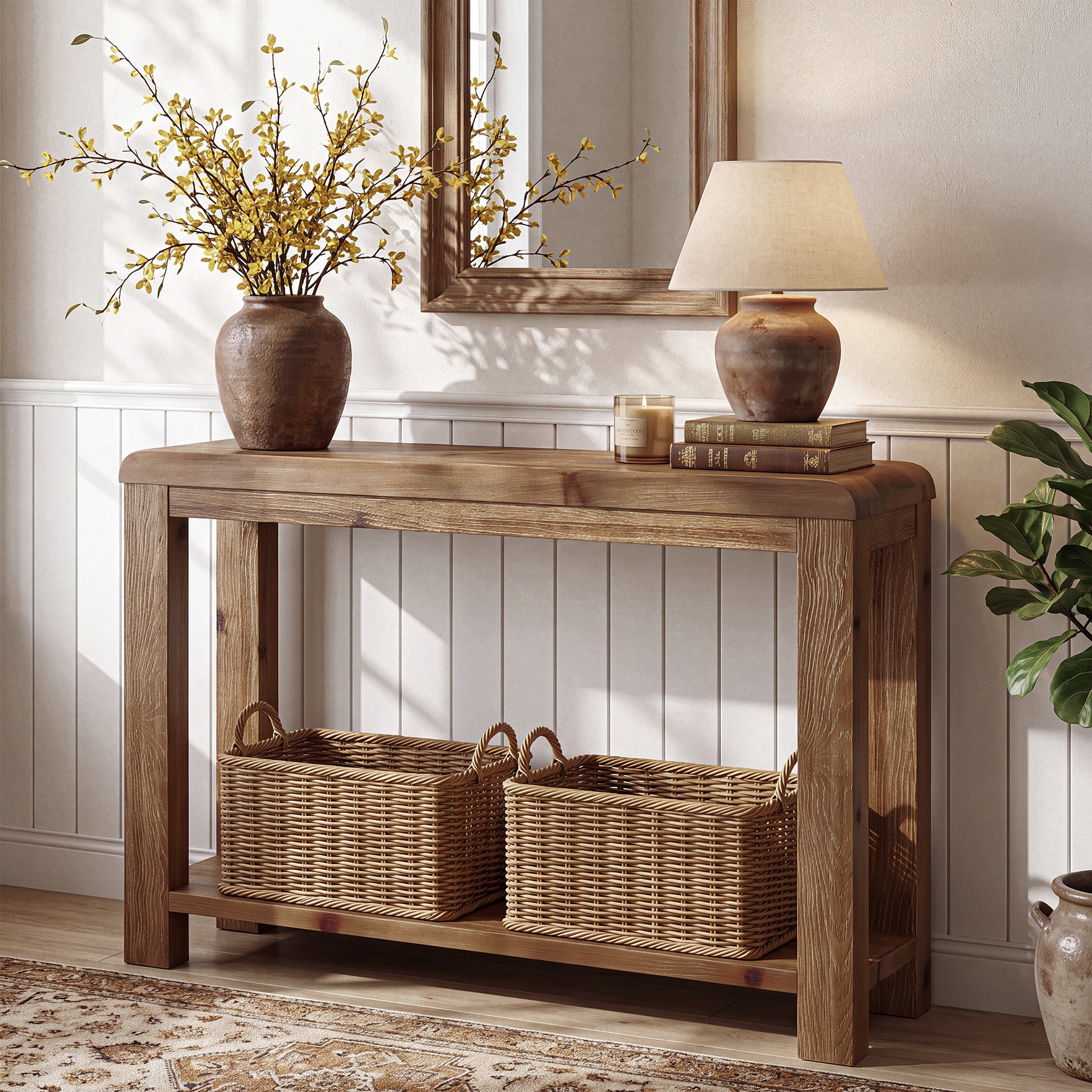 41.3" Solid Wood Console Table with 2-Tier Shelves, Farmhouse Entryway Sofa Table for Hallway