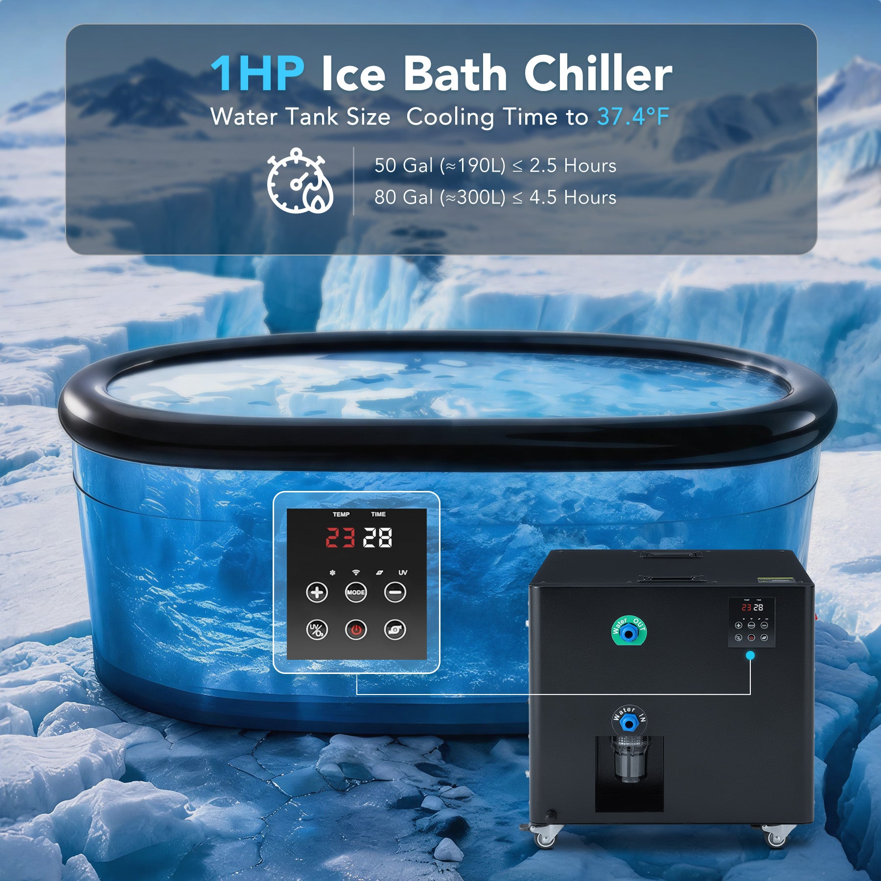 1HP All-in-One Ice Bath Chiller – APP & Manual Dual Control Cools 300L to 37.4°F in 4.5 Hrs