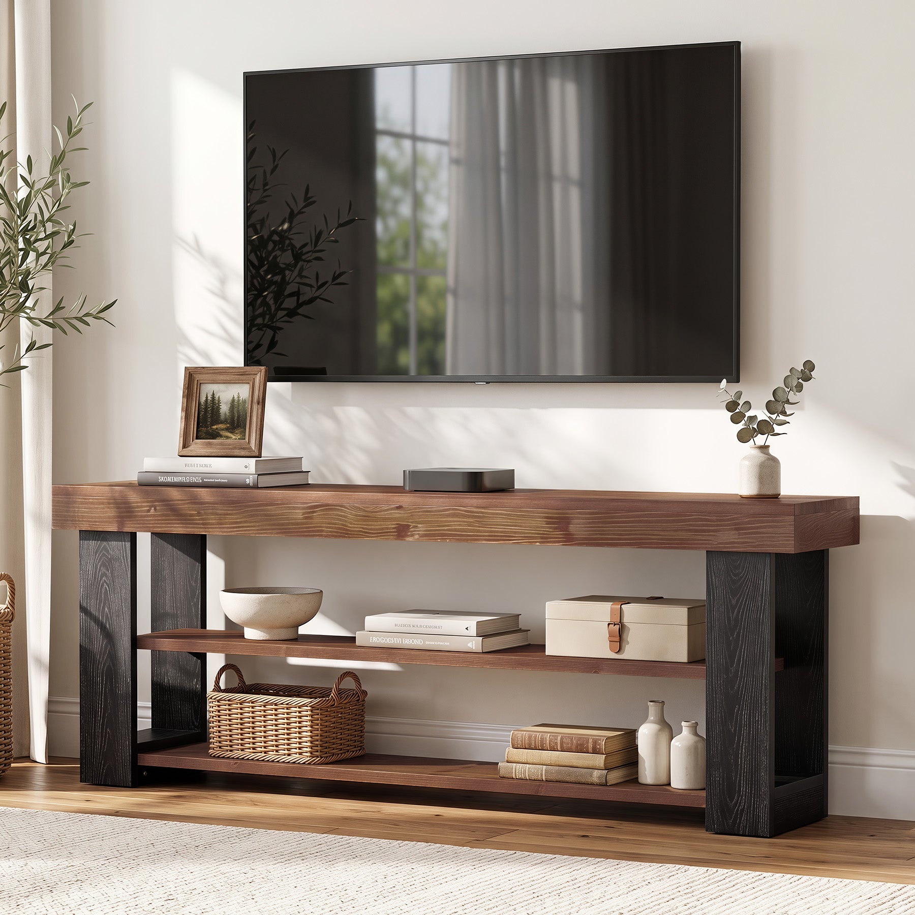 63" TV Stand for 65/70" TVs, Farmhouse Solid Wood Media Console, Entertainment Center