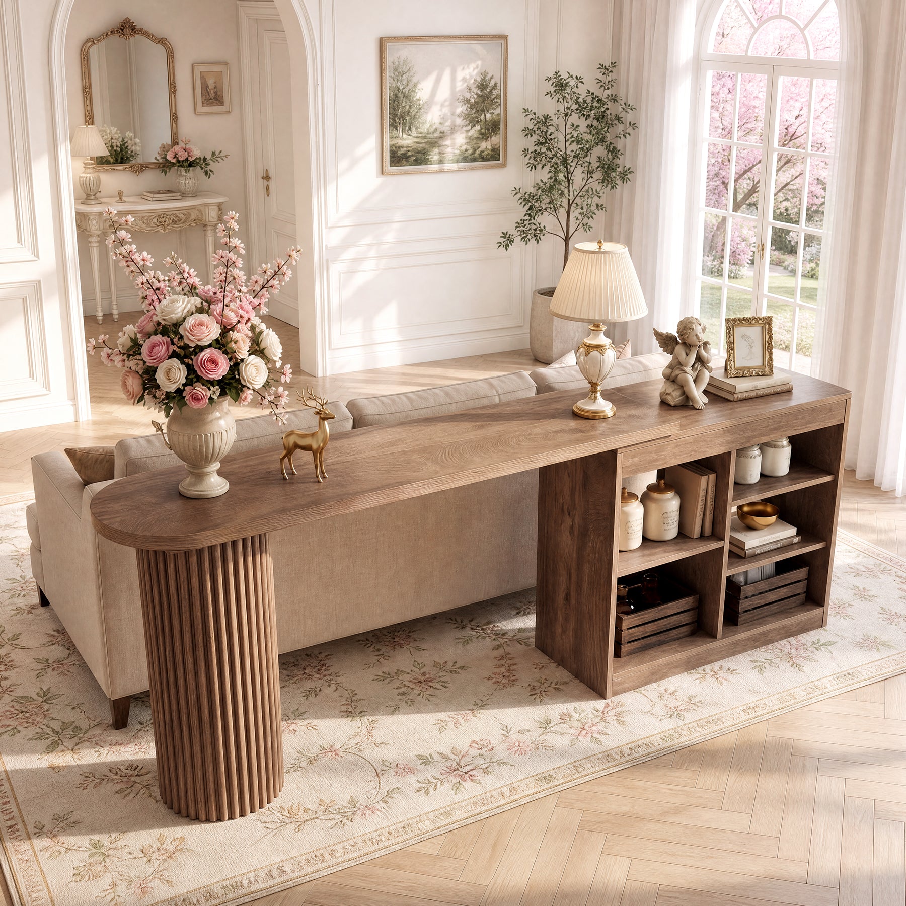 95" Extra-Long Console Table Sofa Table with 360° Rotatable Open Storage Shelves