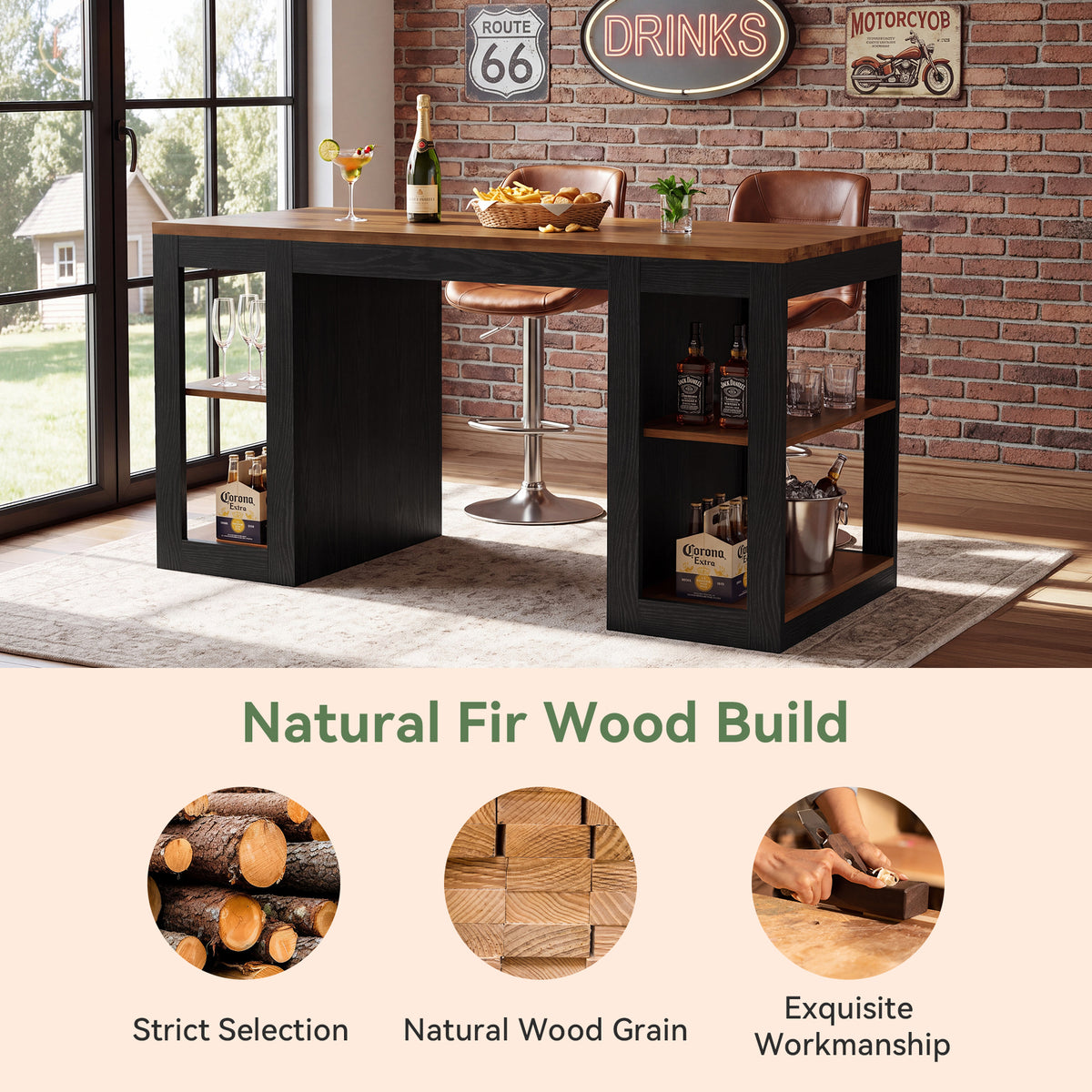 63" Solid Wood Counter Height Bar Table with 2-Tier Storage & Thick Top