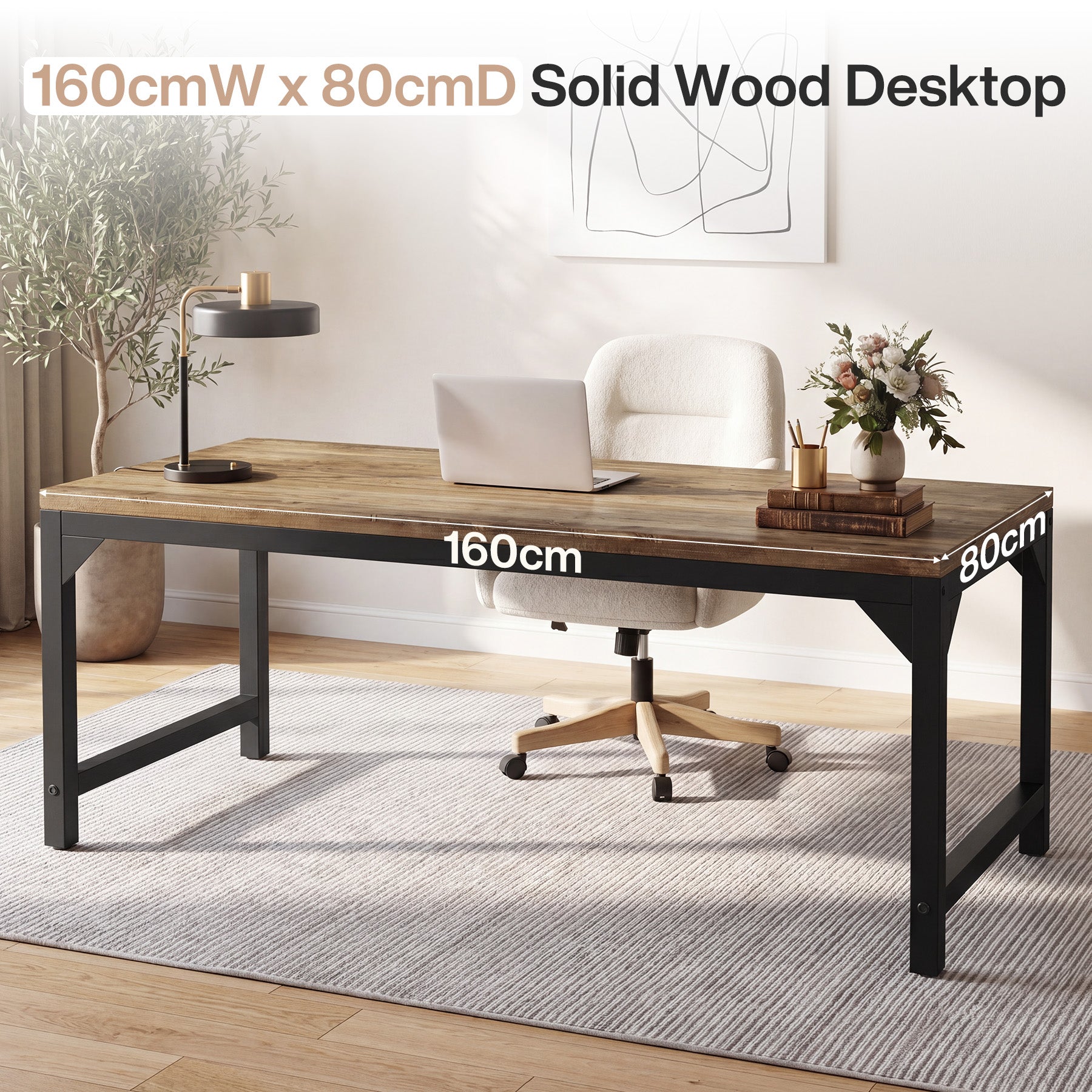 63" Solid Wood Office Desk, Heavy-Duty Computer Desk with Metal Frame