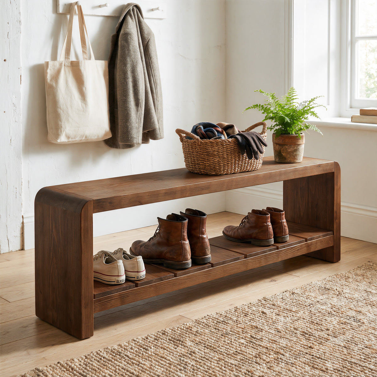 59" Solid Wood Entryway Bench, Farmhouse End of Bed Seating Shoe Bench with Storage