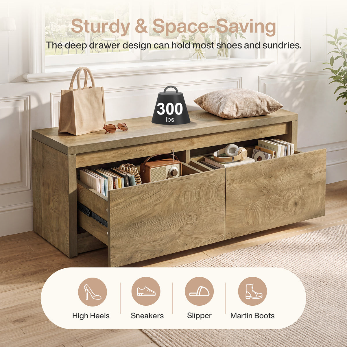 47" Entryway Storage Bench with 2 Drawers, Rustic Wooden Shoe Cabinet, Entryway Hallway