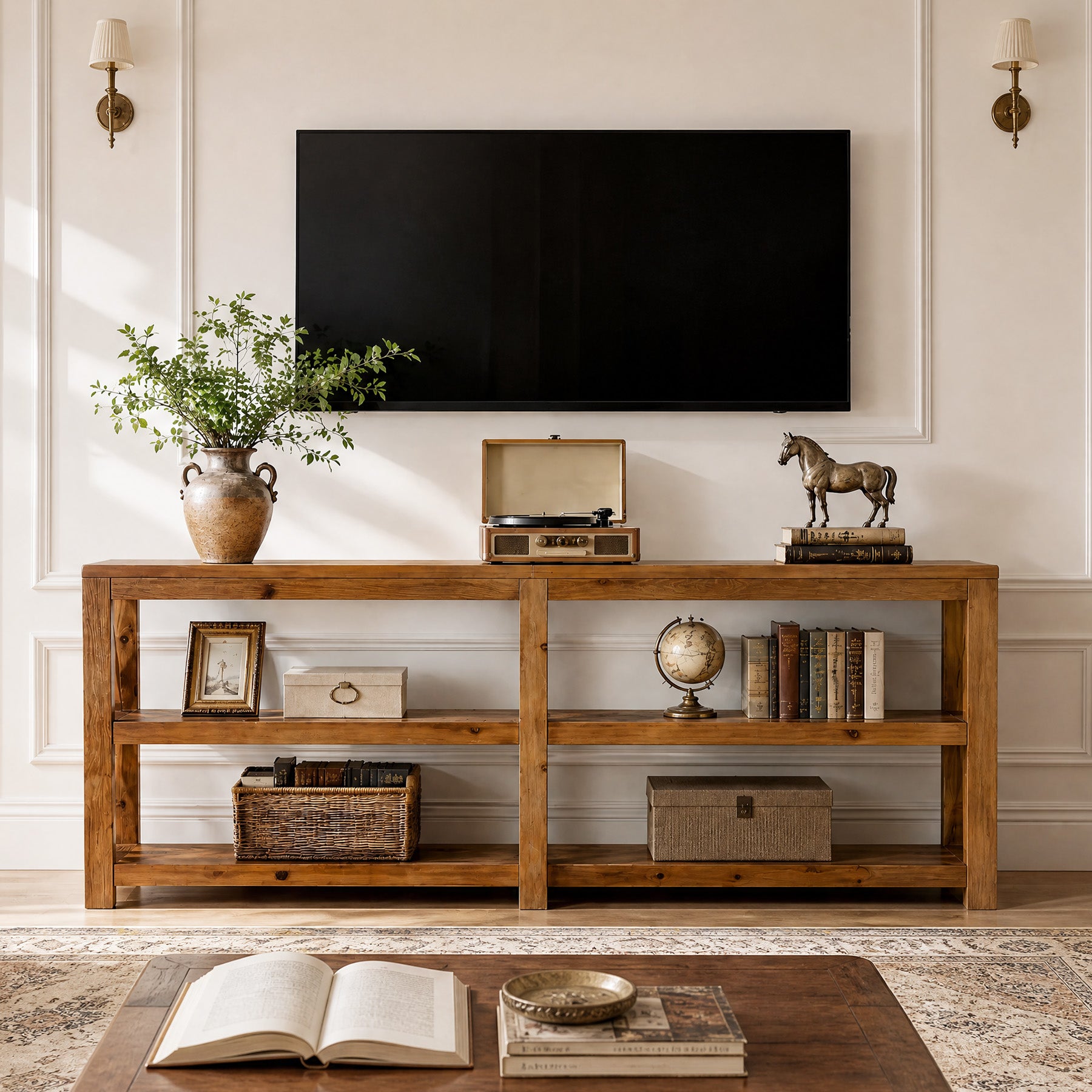 78.7" Solid Wood TV Stand for up to 85" TVs, 3-Tier Extra Long Entertainment Center