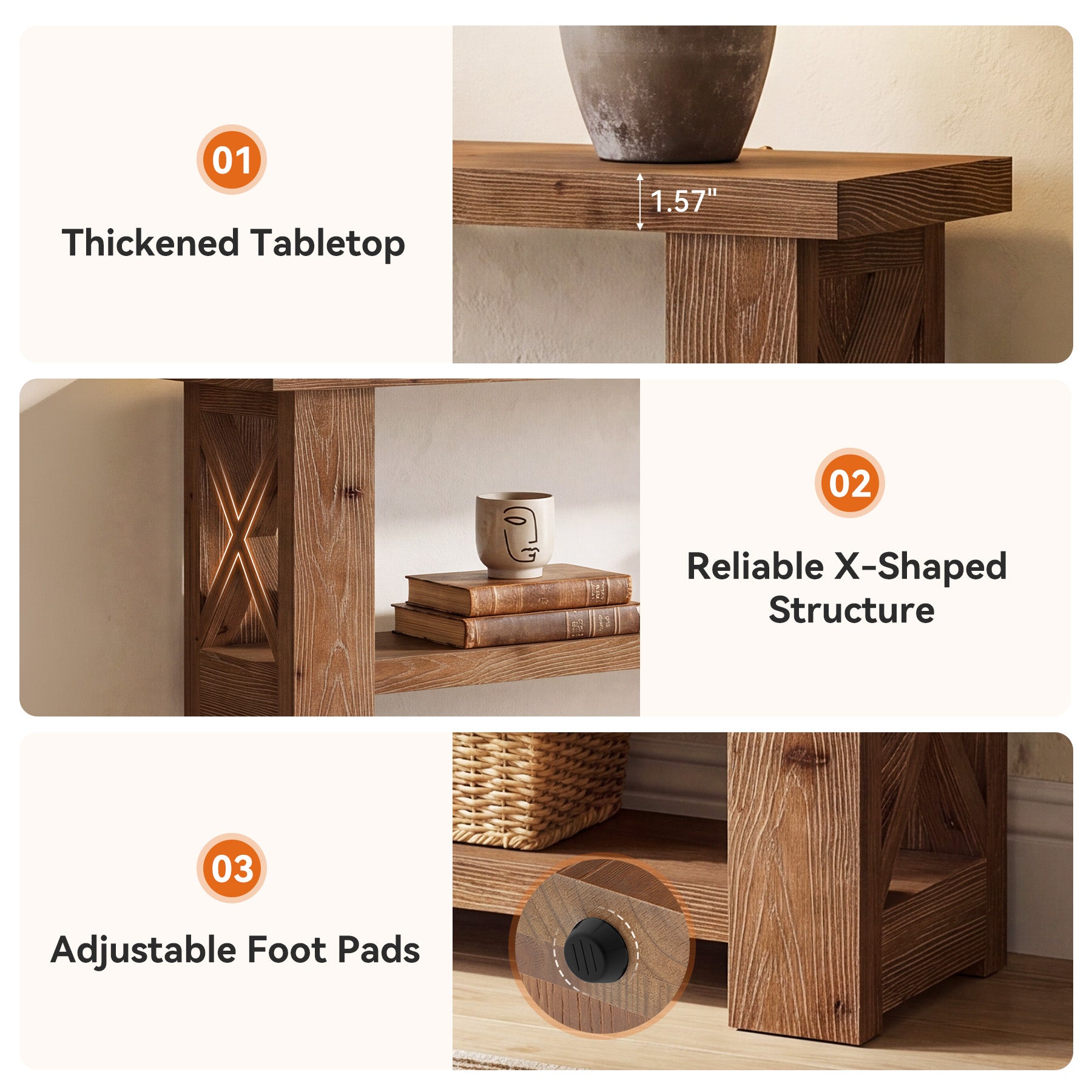3-Tier Solid Wood Console Table, 63" Sofa Table Behind the Couch for Entryway, Living Room