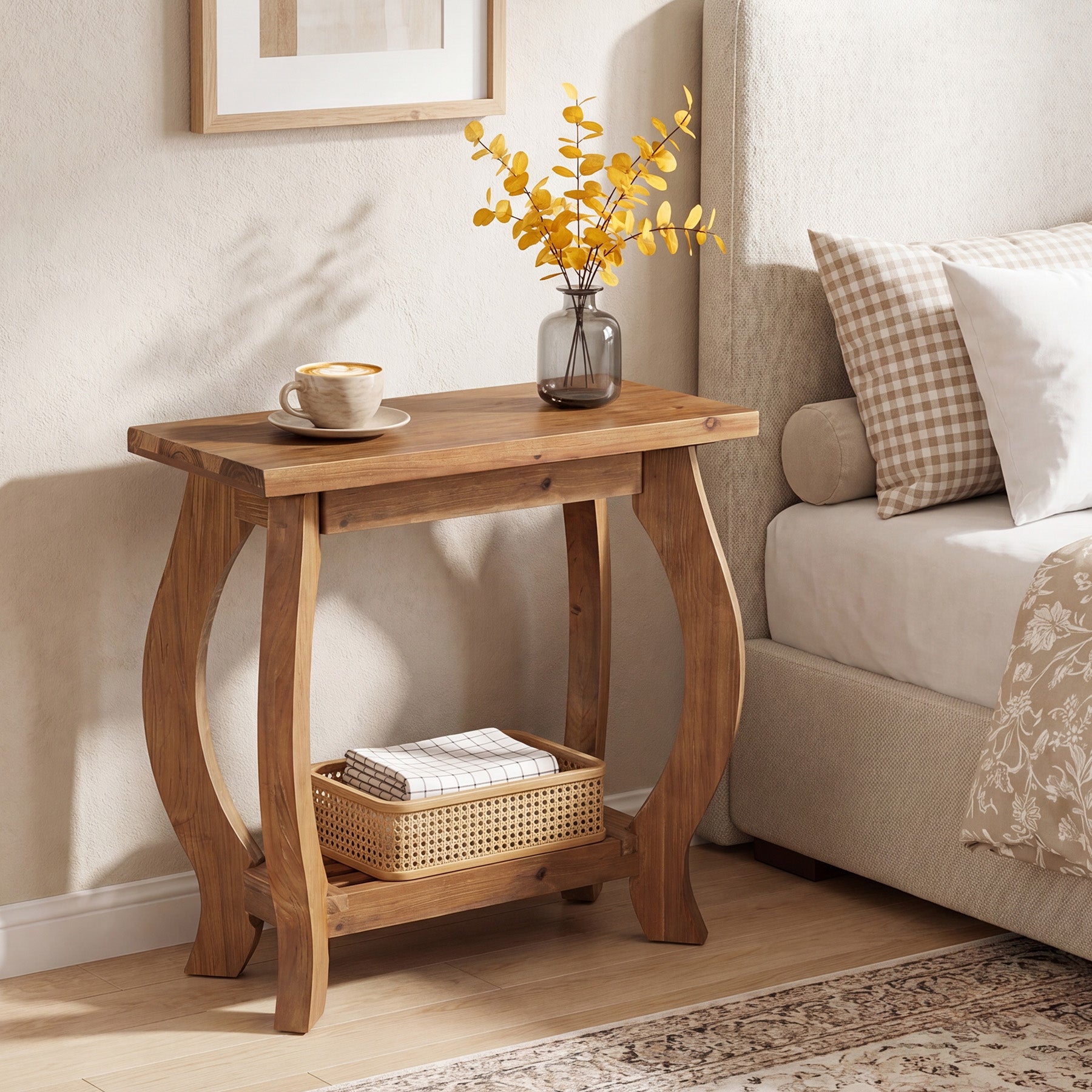 2-Tier Solid Wood End Table, Narrow Side Table with Shelf & Curved Legs for Small Spaces