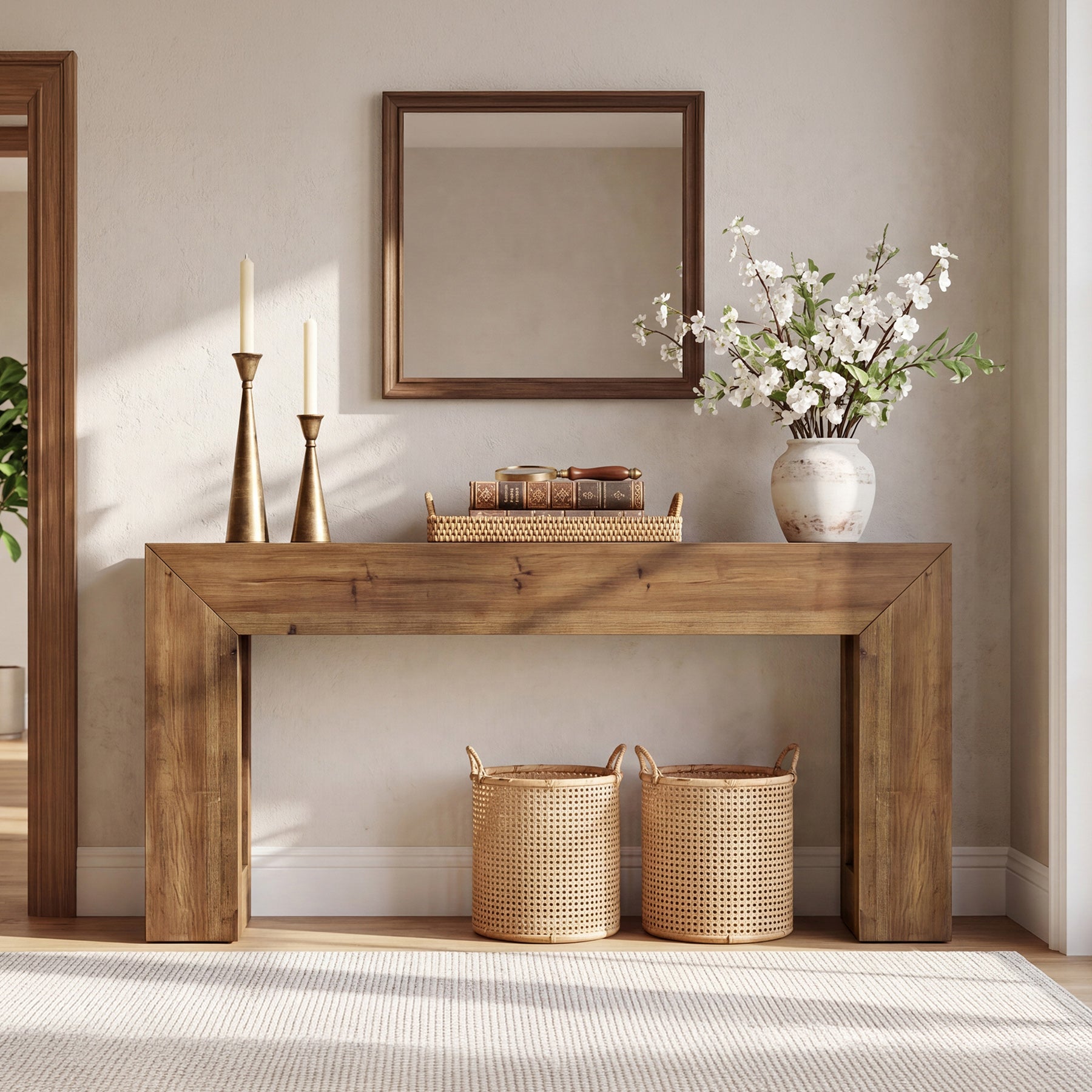 63-Inch Solid Wood Console Table with Geometric Frame, Natural Farmhouse Entryway Table