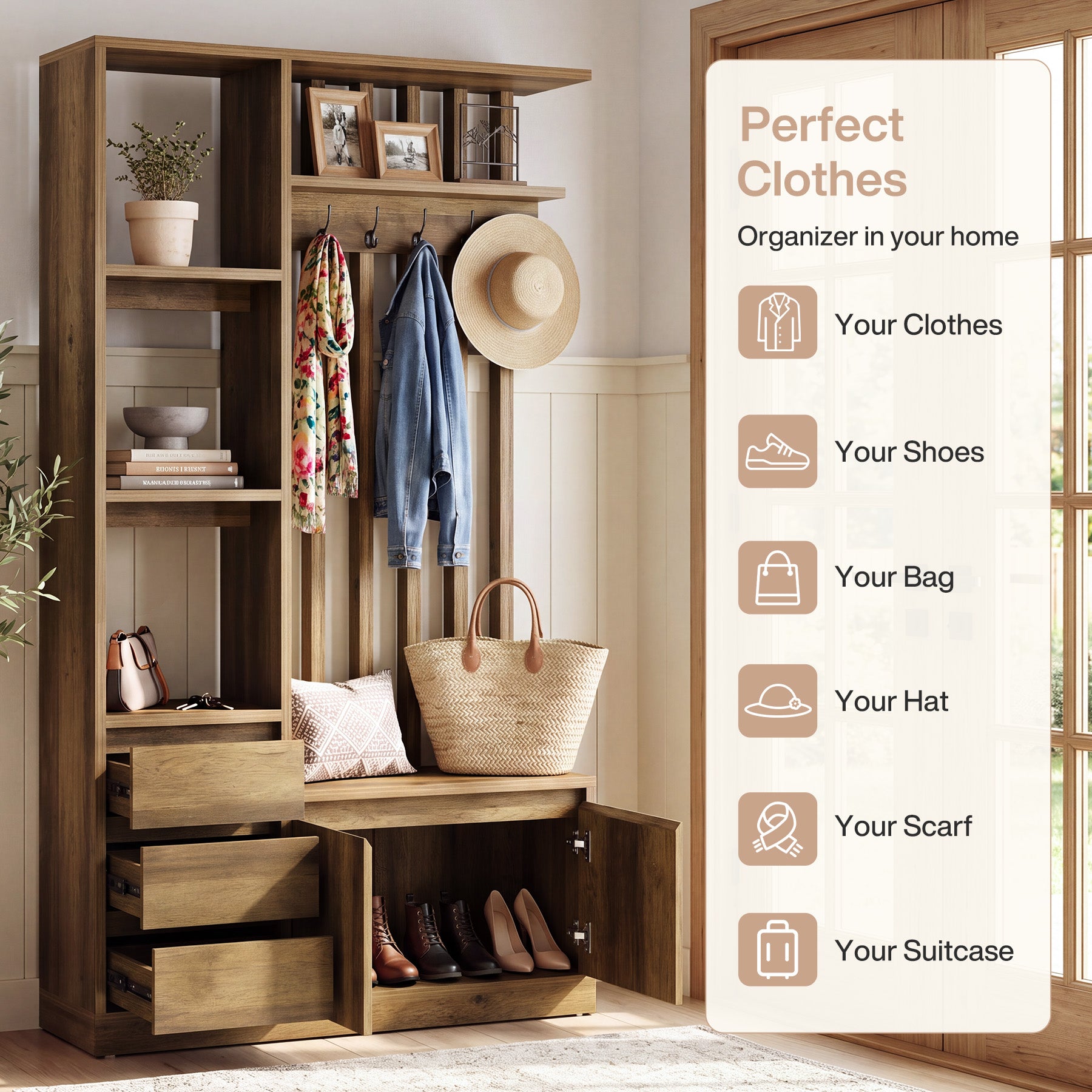 Hall Tree with Bench & Shoe Storage, Farmhouse 6 Hooks, 3 Shelves, 5 Shoe Cubbies, Entryway