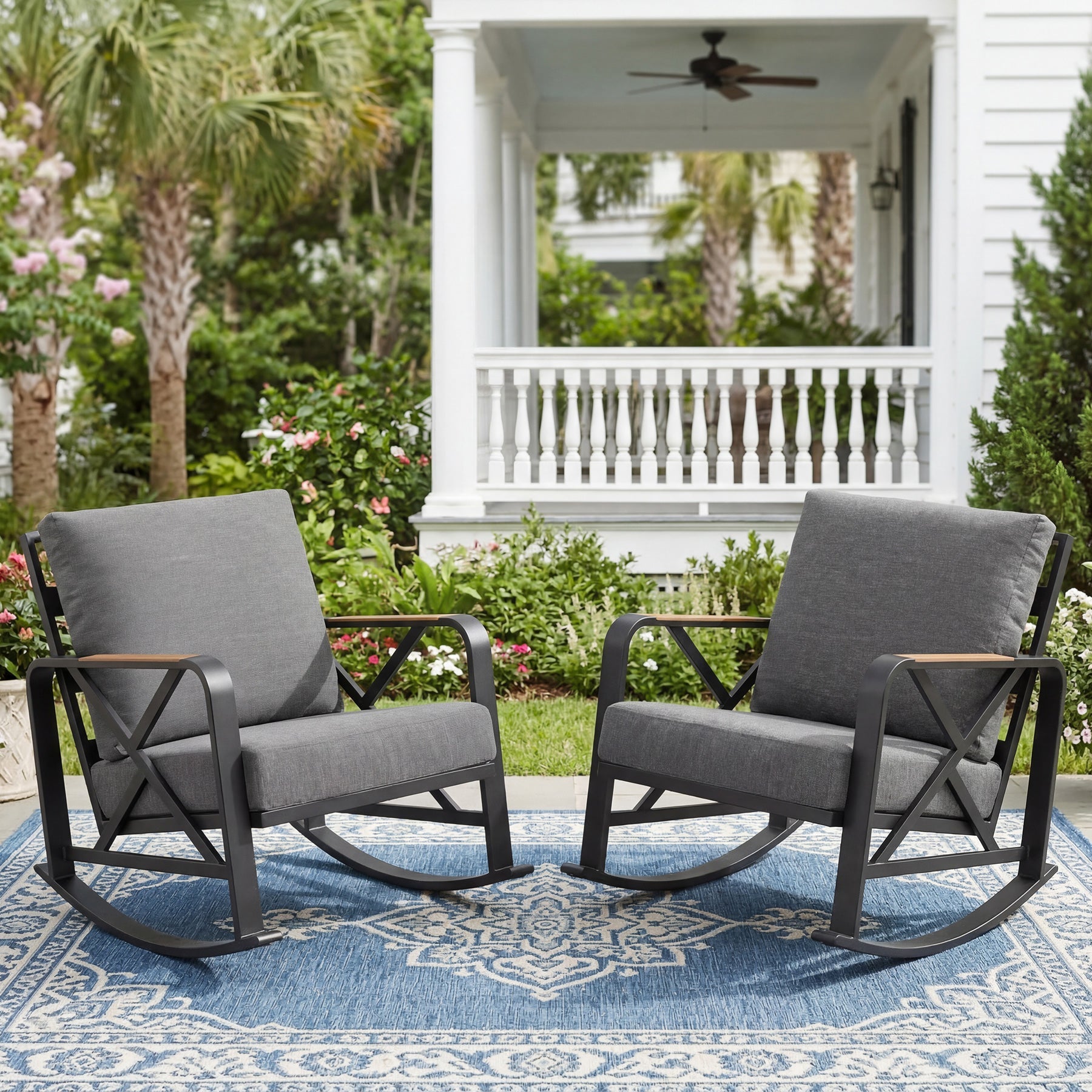 Outdoor Rocking Chair, Patio Seating Waterproof Rocker with Thick Cushion